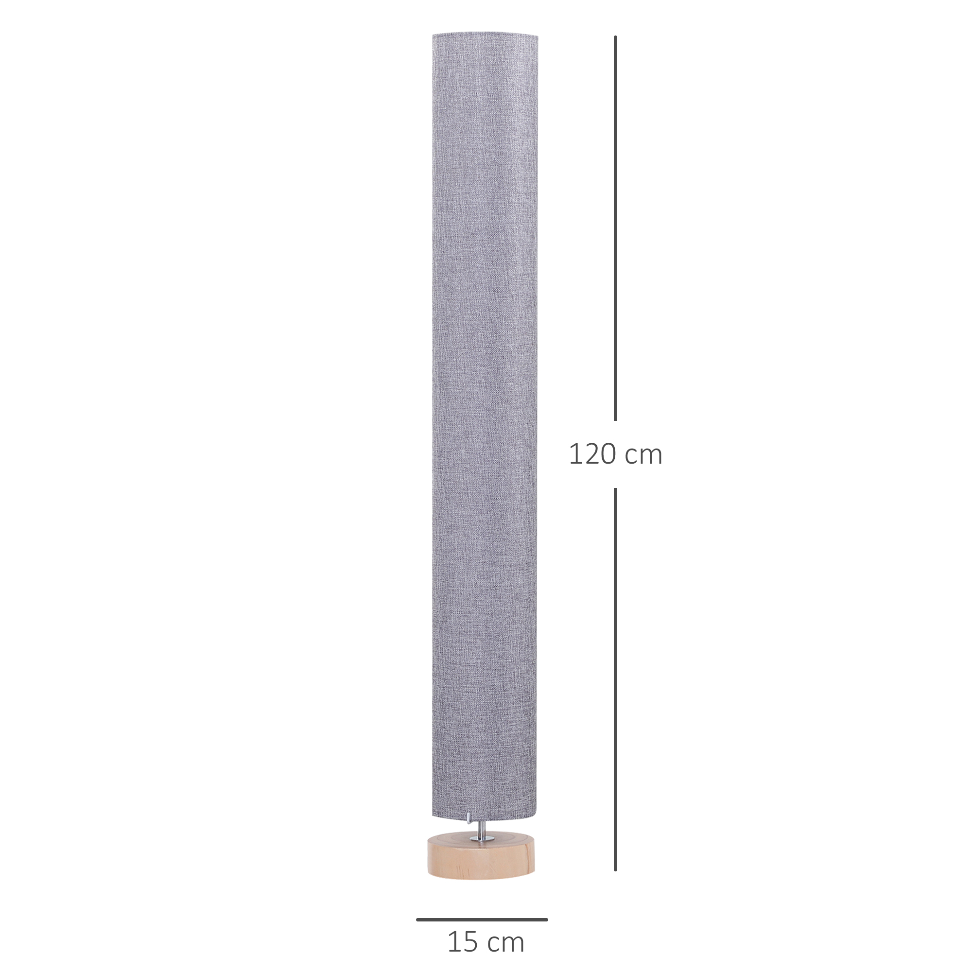 Lámpara de pie gris alta con pantalla de tela, base de madera y marcas de medición.