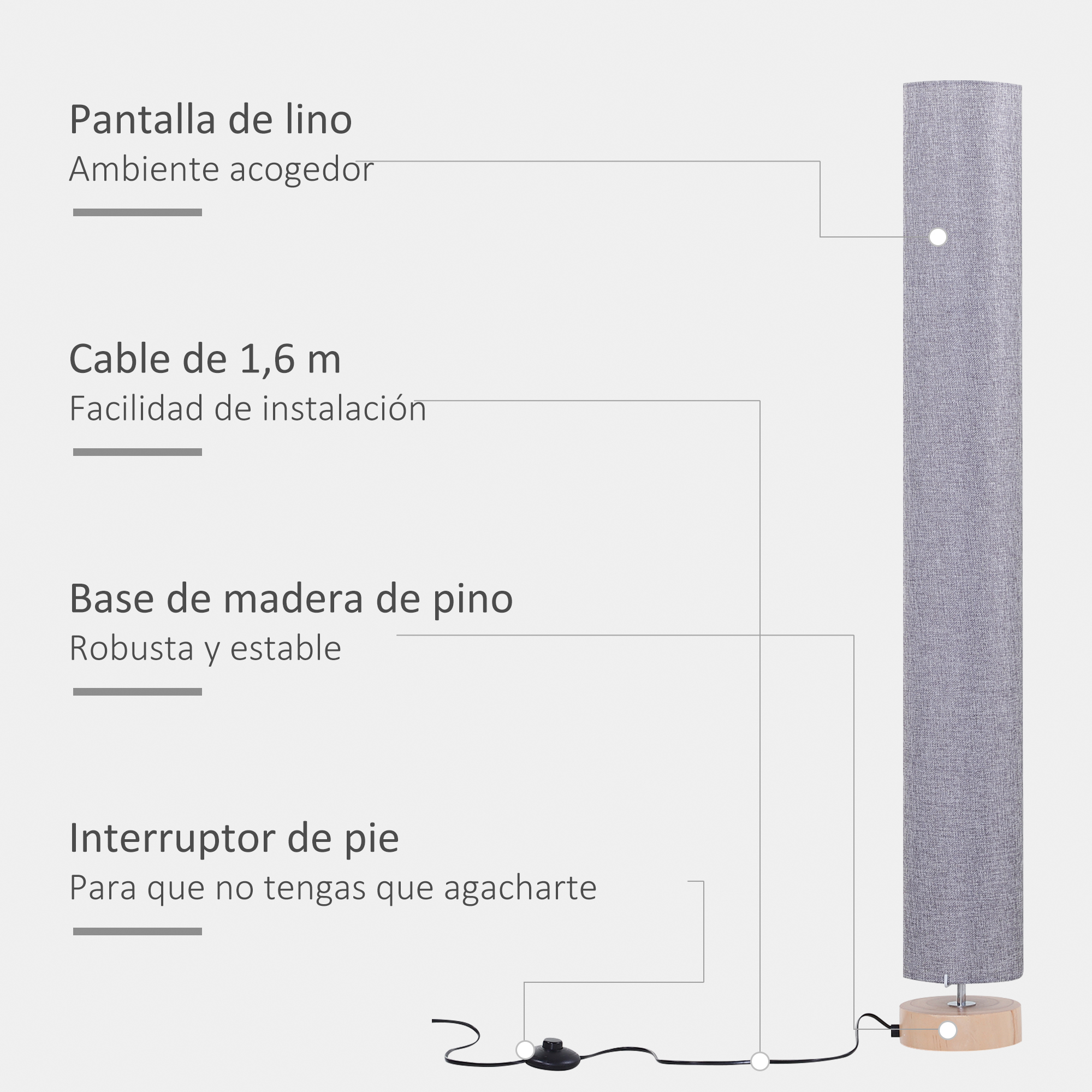 Lámpara gris alta con base de madera e interruptor de pie.