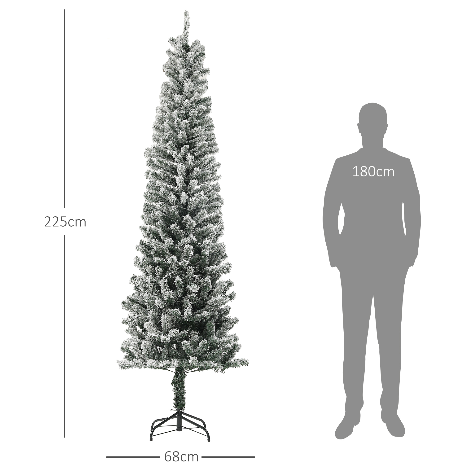 Un árbol de Navidad alto y delgado cubierto de nieve, con dimensiones etiquetadas. Una figura está al lado.
