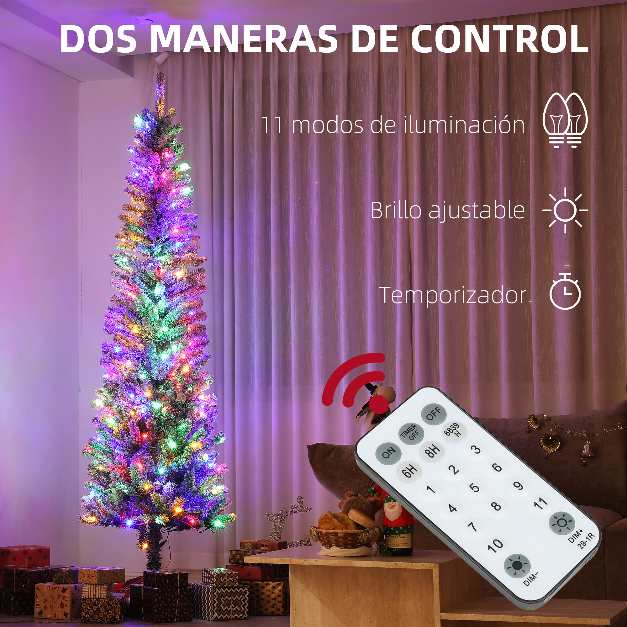 Un árbol de Navidad alto y colorido con un mando a distancia, una habitación decorada y una ventana en el fondo.