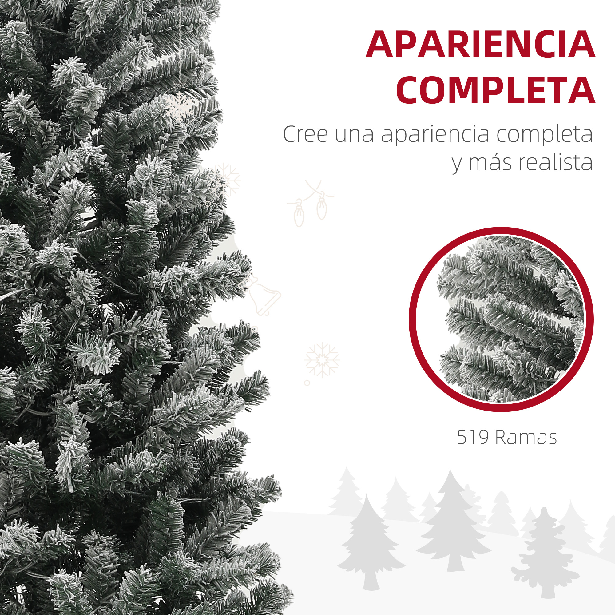 Primer plano de un árbol de Navidad con nieve en sus ramas. Texto: 'Apariencia completa'.