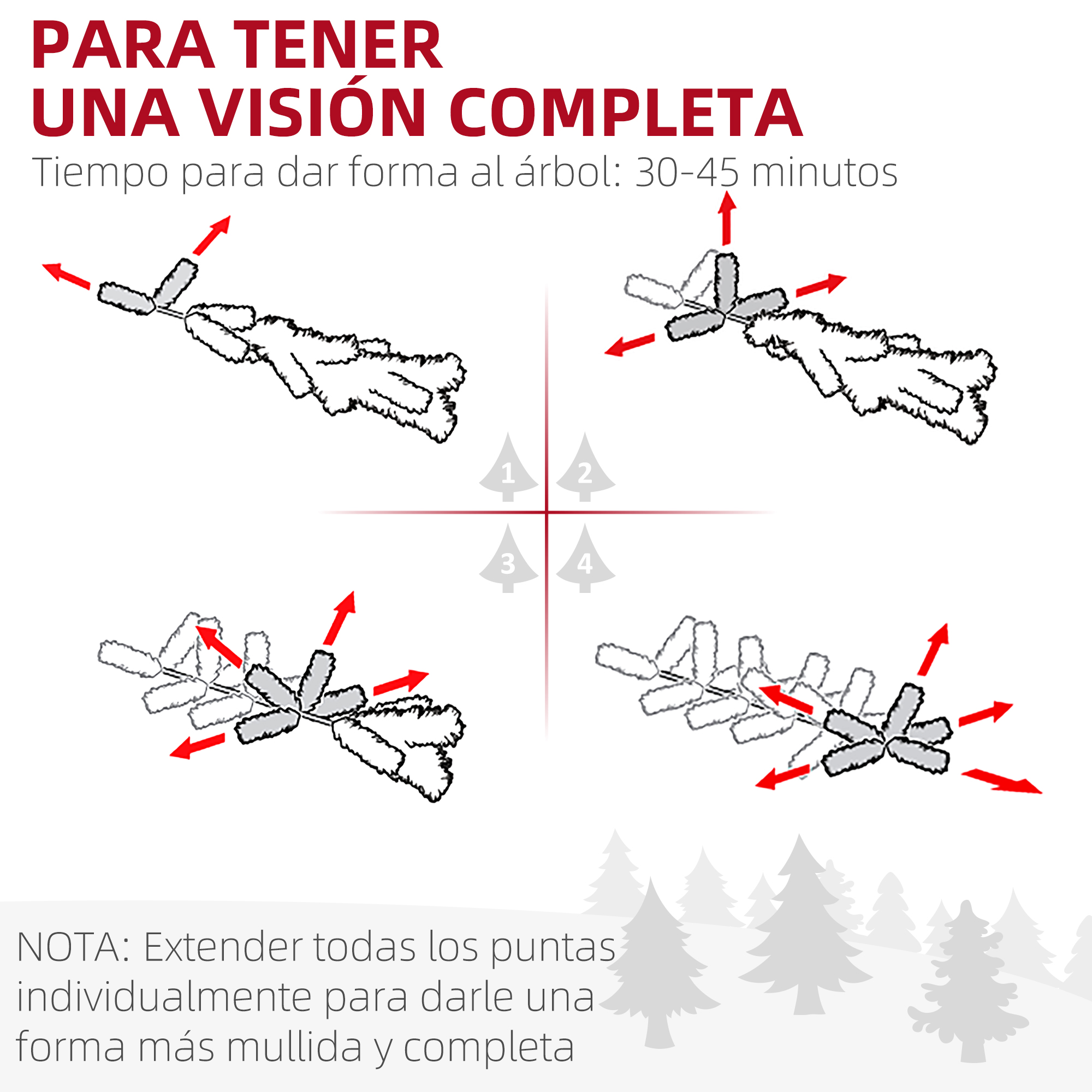 Diagrama de estilismo de ramas de árbol de Navidad con flechas, instrucciones y texto.