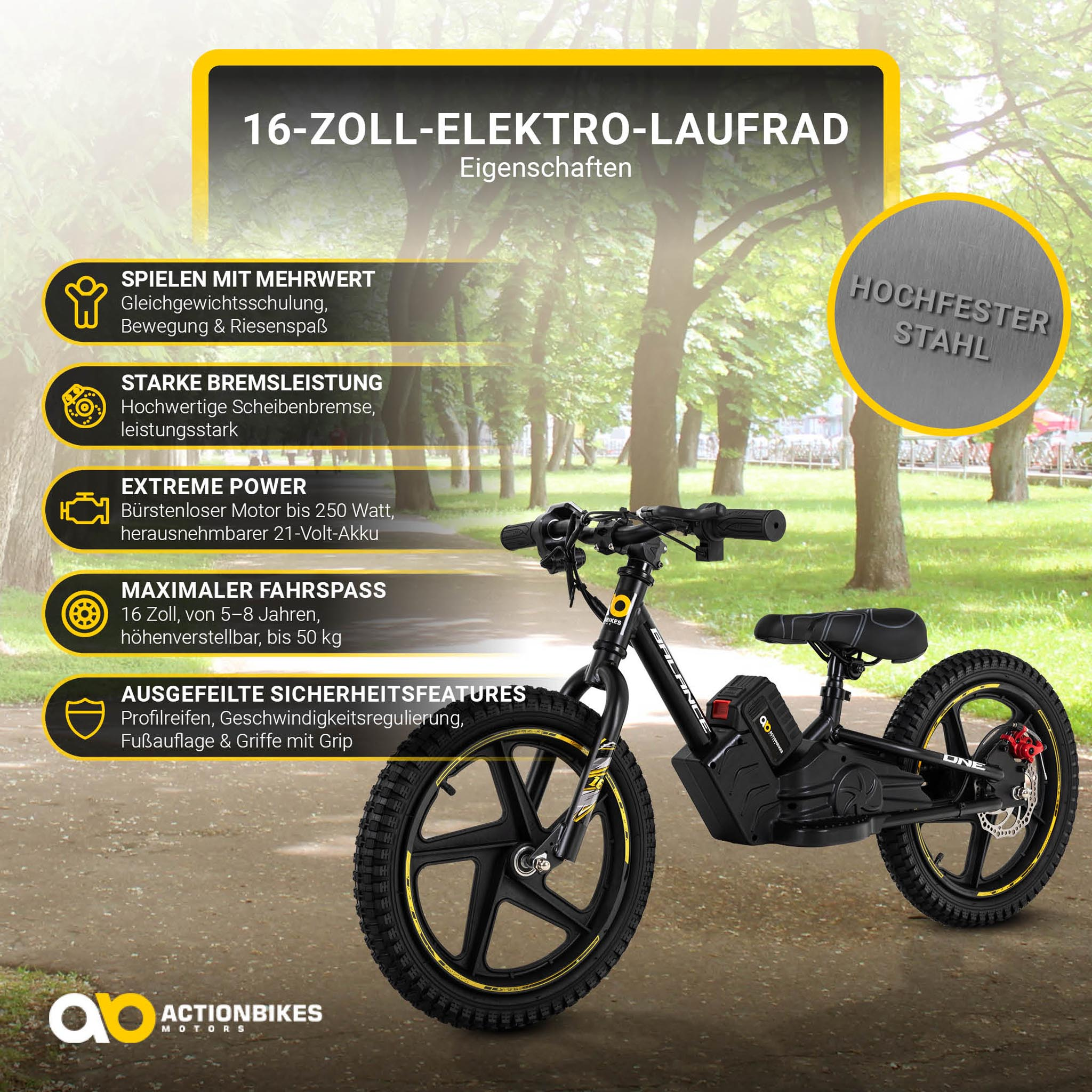 Schwarzes Elektro-Laufrad mit gelben Akzenten, auf einem Weg, umgeben von Bäumen.
