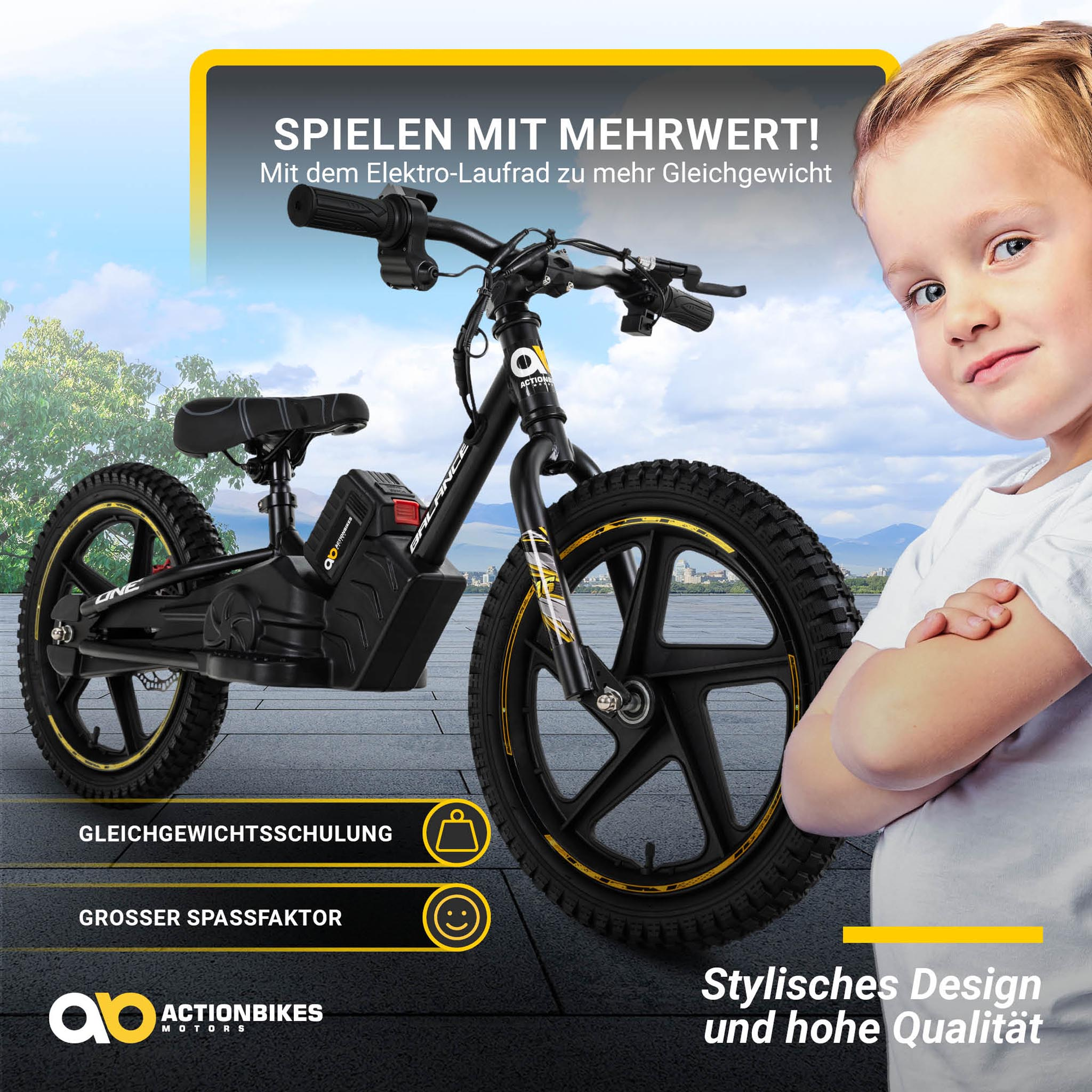 Ein Kind posiert neben einem schwarz-goldenen elektrischen Laufrad. Text: 'Stilvolles Design und hohe Qualität'.