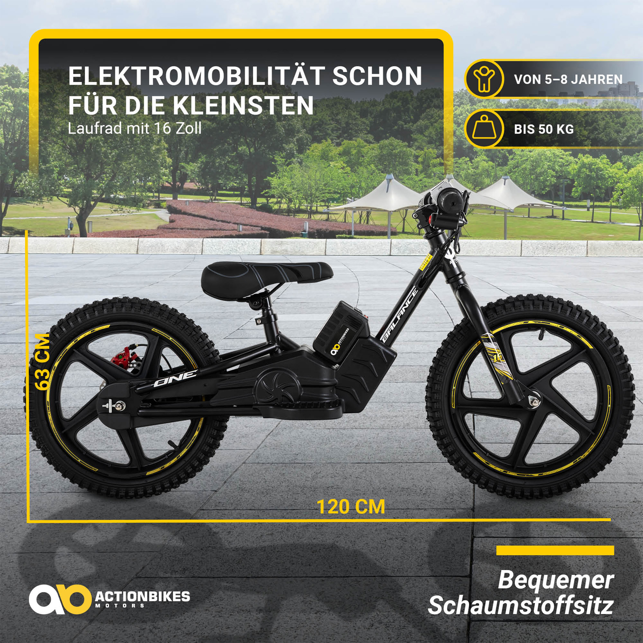 ACTIONBIKES MOTORS Elektro Laufrad Balance Bike 16' | Kinderfahrrad  (Laufradgre: 16 Zoll, Kinder-Rad, gelb) | SATURN