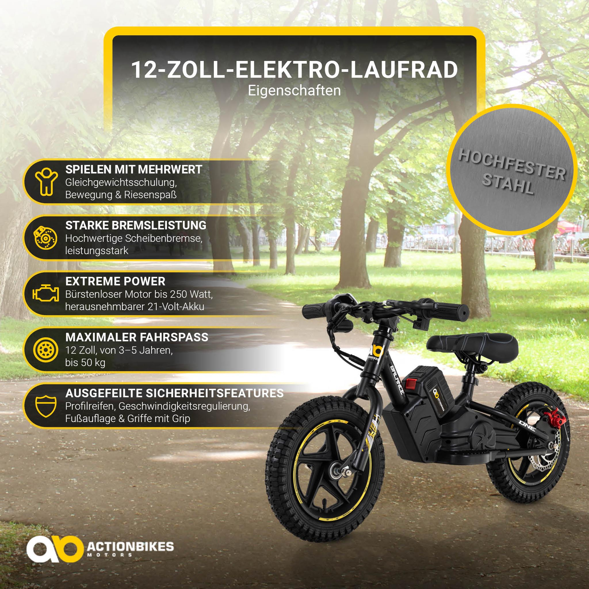 Schwarzes elektrisches Laufrad auf einem Pfad, mit Merkmalen und Spezifikationen.