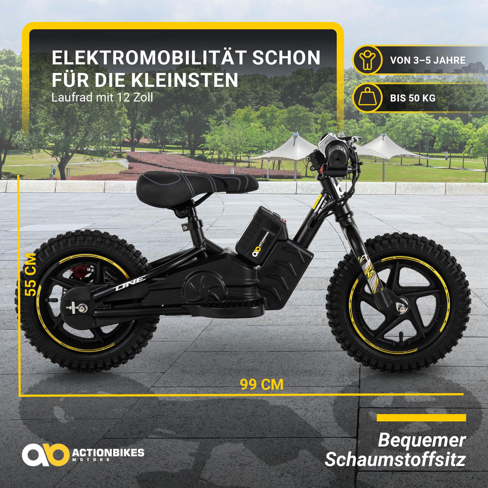 Schwarzes Elektromotorrad für Kinder. Es ist schwarz und gelb und trägt die Aufschrift ONE.