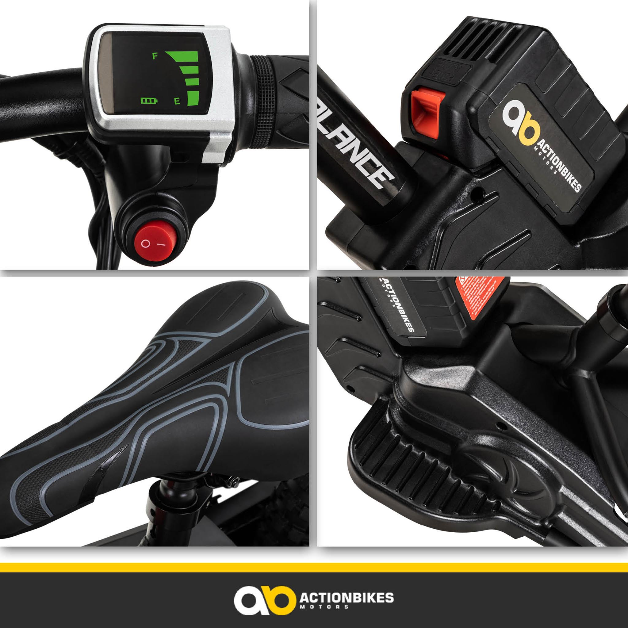 Nahaufnahme von E-Bike-Teilen: Display, Knopf, Batterie und Sitz. Schwarz-Silber-Farbschema.
