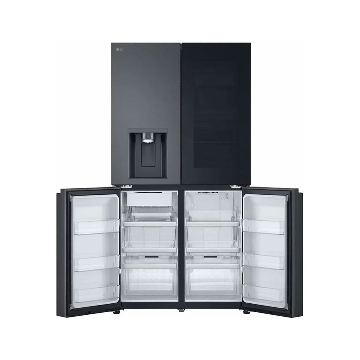 Schwarzer LG-Kühlschrank mit vier geöffneten Türen. Der Kühlschrank ist dunkel und modern.