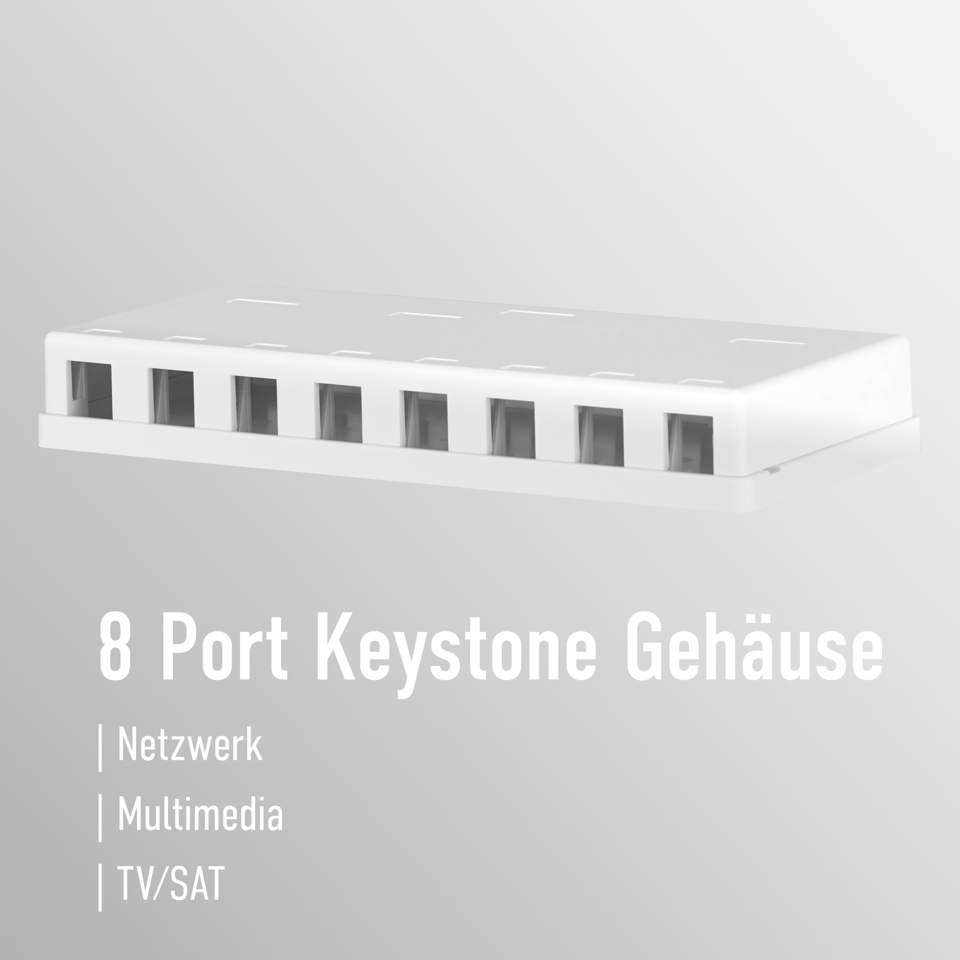 Ein weißes 8-Port Keystone-Gehäuse. Text: 8 Port Keystone Gehäuse, mit Beschriftungen für Netzwerk, Multimedia und TV/SAT.