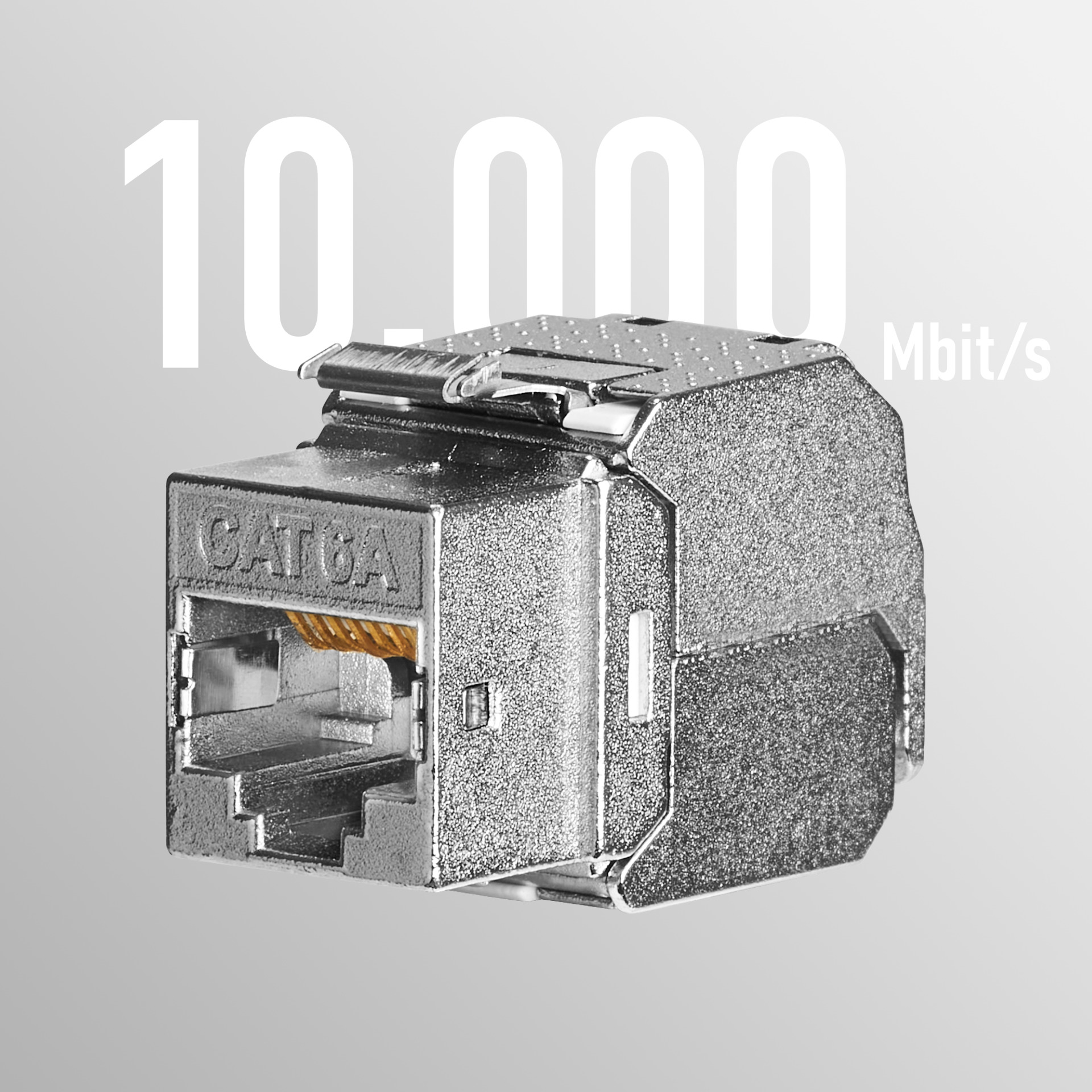 Ein silberner RJ45-Stecker mit dem Text "CAT 6A" und der Zahl "10.000" sichtbar.