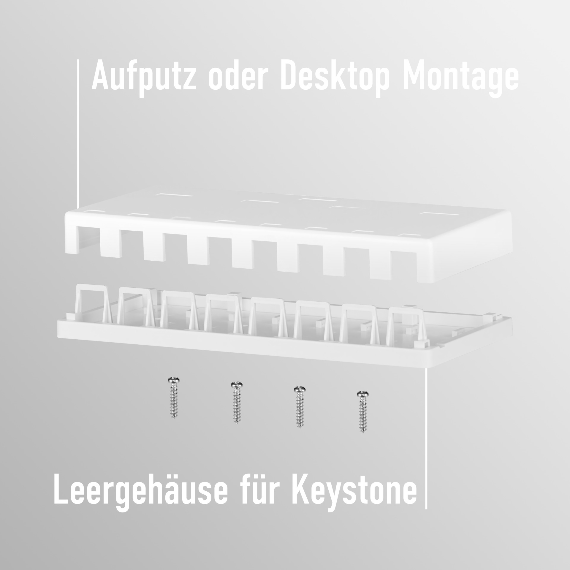 Explosionszeichnung eines weißen Keystone-Gehäuses mit Schrauben zur Montage.