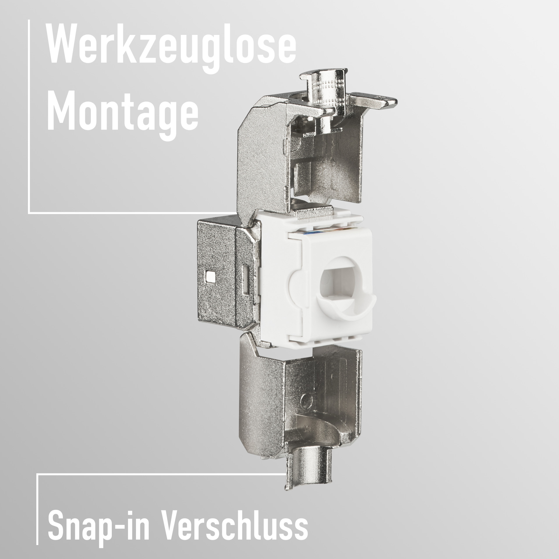 Ein Netzwerkanschluss mit Schnappverschluss, montiert zwischen zwei Metallteilen, auf weißem Hintergrund.