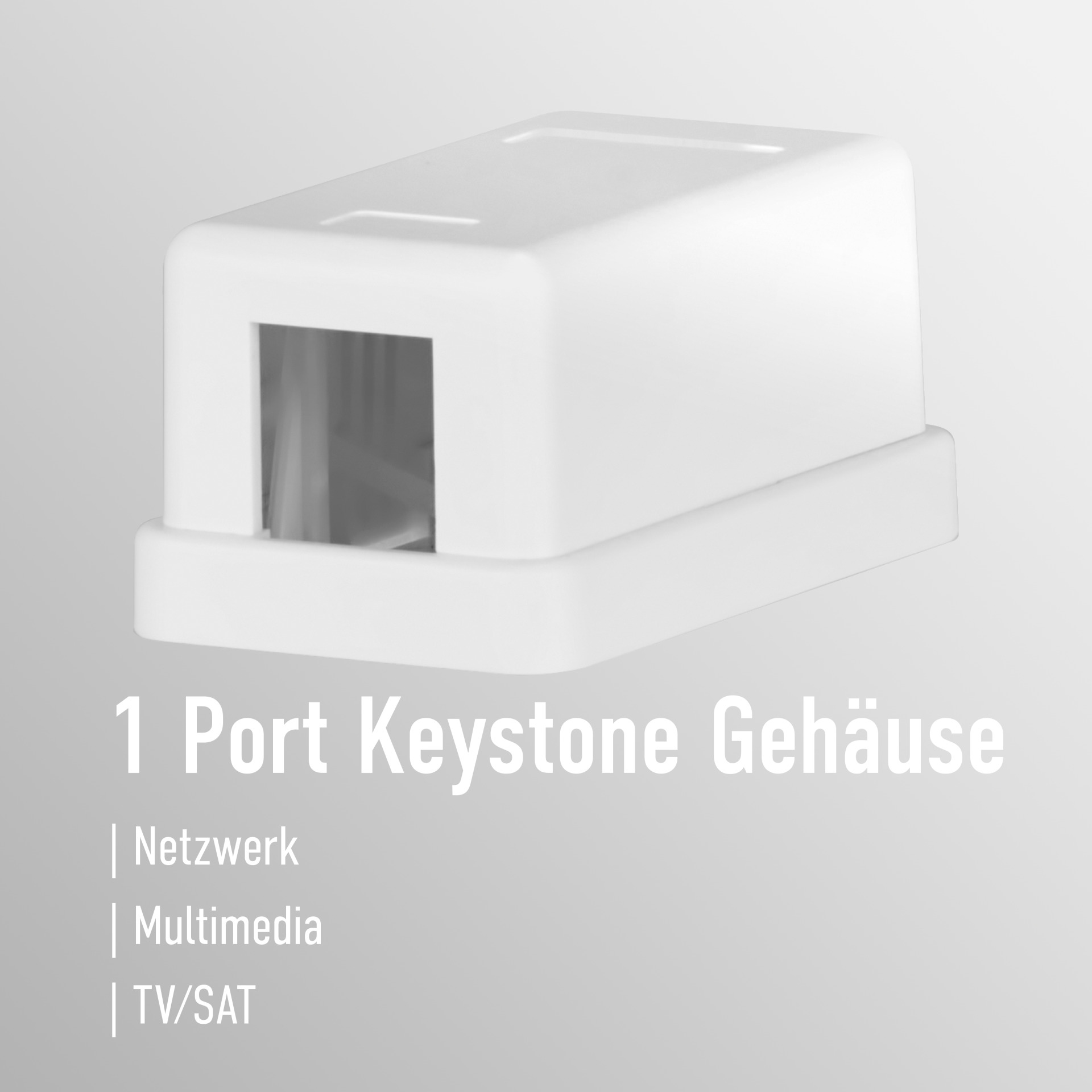Ein weißes Keystone-Buchsen-Gehäuse mit rechteckiger Öffnung, Text: 1 Port Keystone Gehäuse.