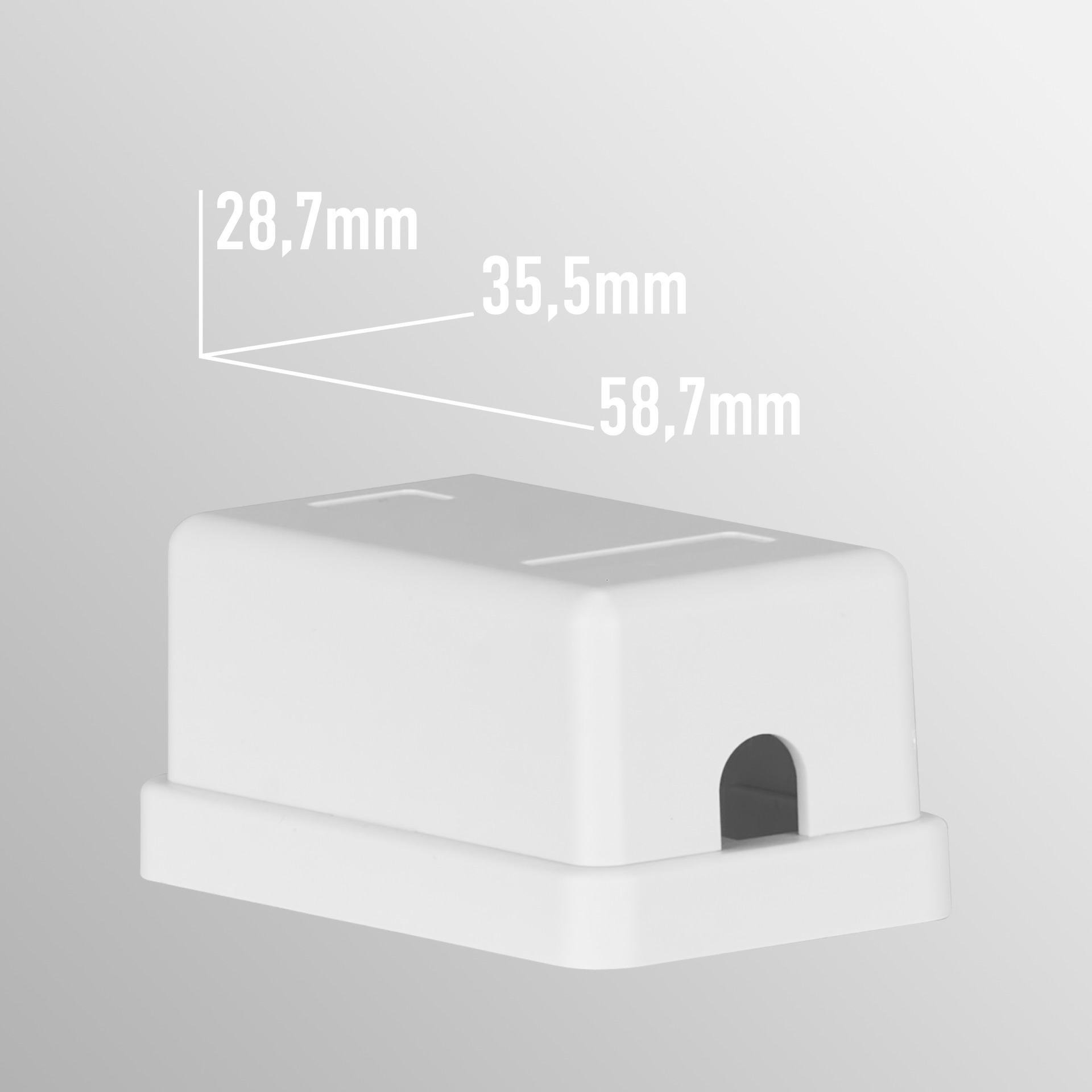 Weißer rechteckiger Abzweigkasten mit Maßangaben. Abmessungen sind 28,7 mm, 35,5 mm und 58,7 mm.