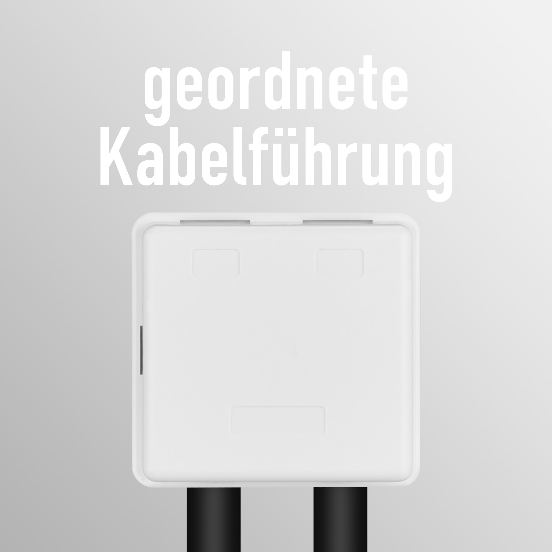 Weiße Kunststoffbox mit Kabeln. Text 'geordnete Kabelführung' bedeutet 'organisierte Kabelführung'.