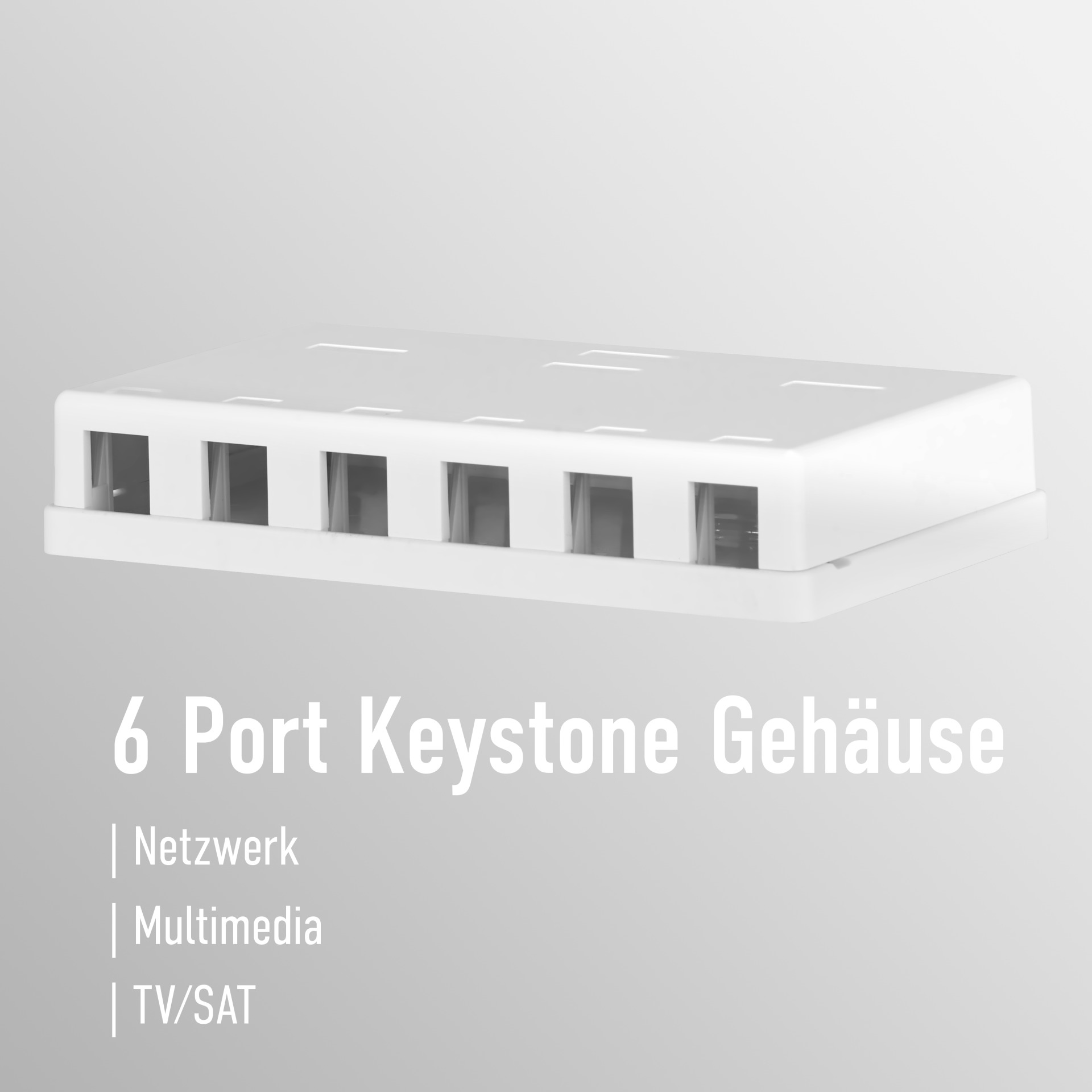Weiße 6-Port-Keystone-Gehäuse, beschriftet mit Netzwerk, Multimedia und TV/SAT, auf heller Oberfläche.