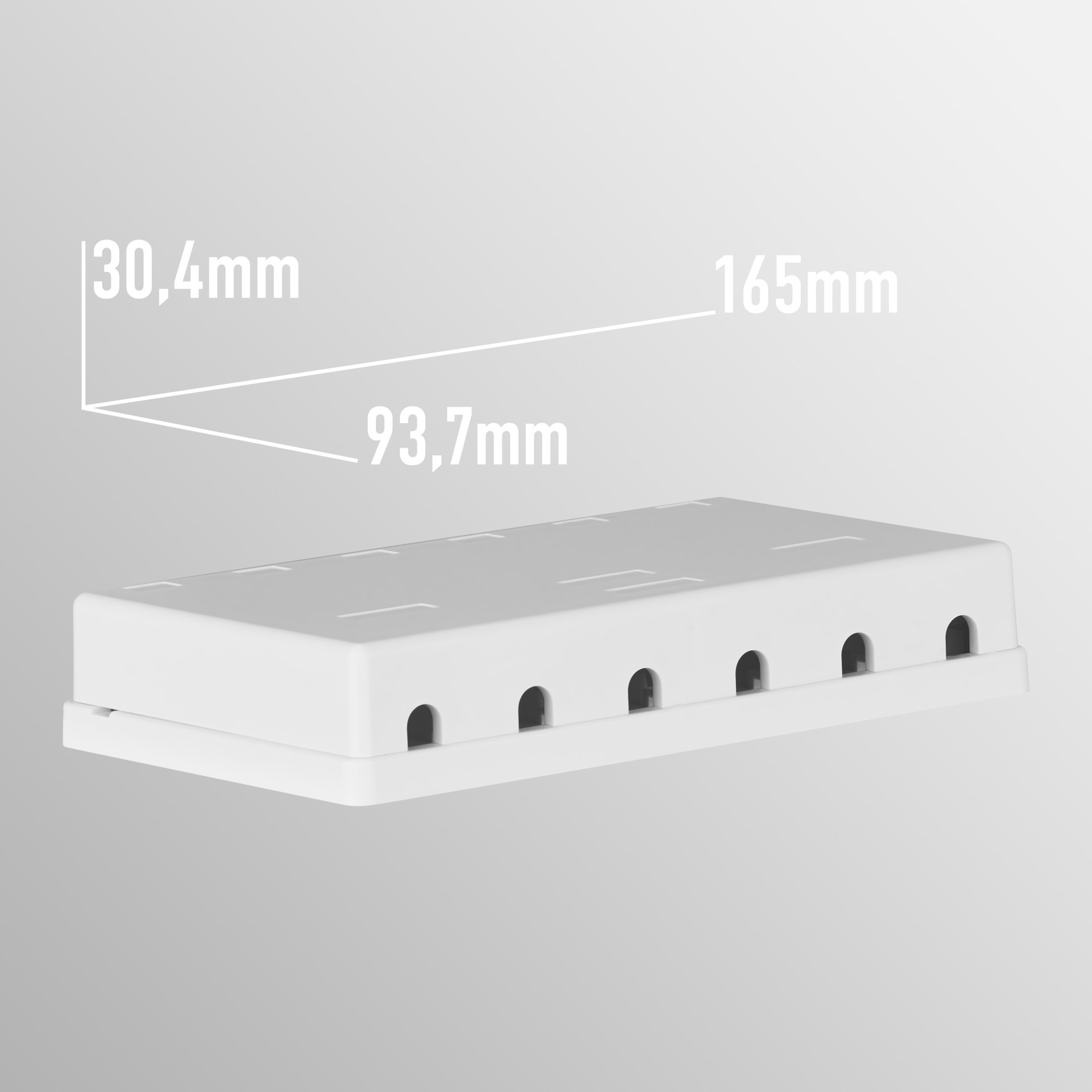 Weiße rechteckige Box mit Löchern und Maßen: 30,4 mm, 93,7 mm und 165 mm.