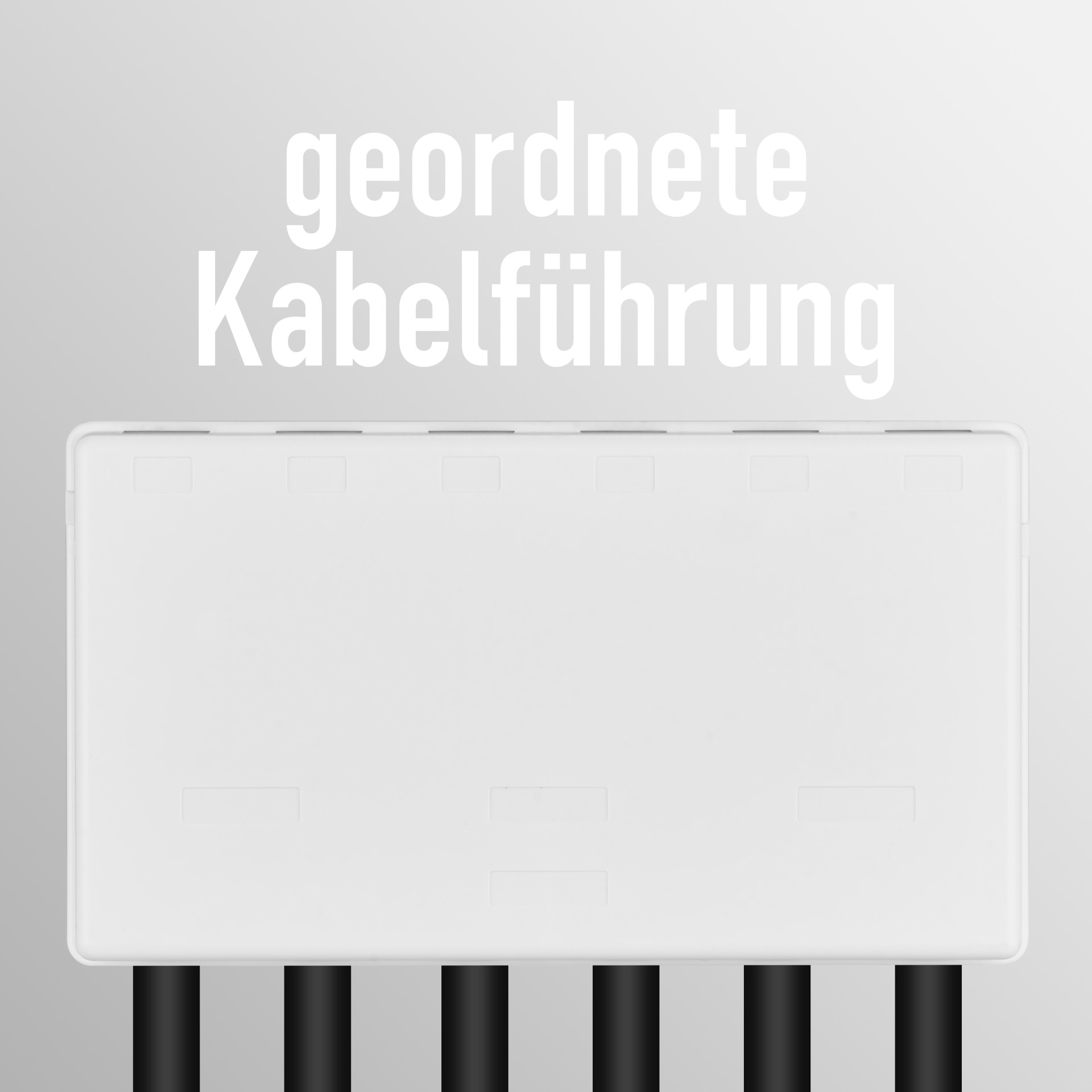 Weißes Panel mit 'geordnete Kabelführung' und schwarzen Kabeln.