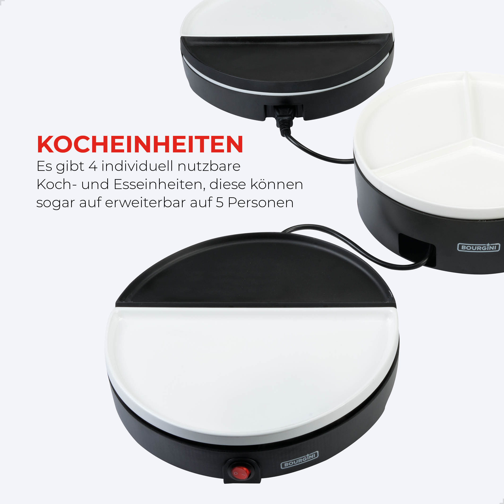 Drei runde Kochfelder, zwei schwarz-weiß, eins weiß mit drei Sektionen, mit Kabeln und rotem Knopf.