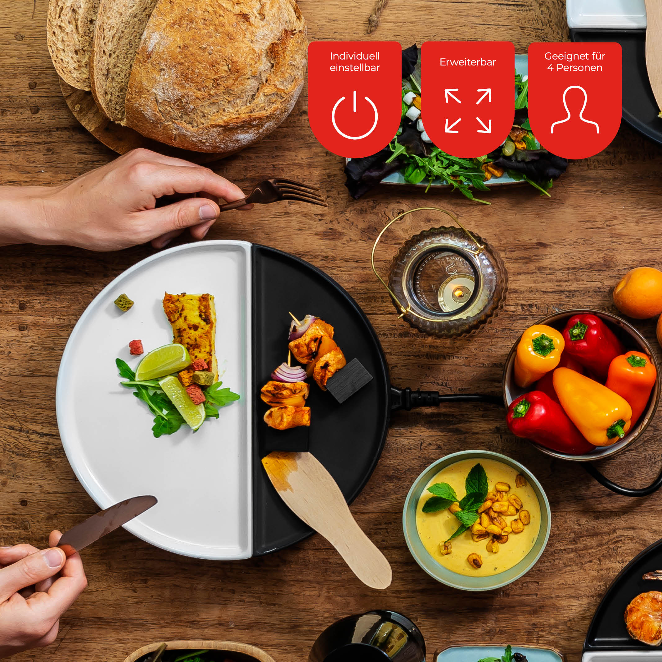 Tischgedeck mit zwei Tellern, Essen und Händen. Symbole für die Steuerung.