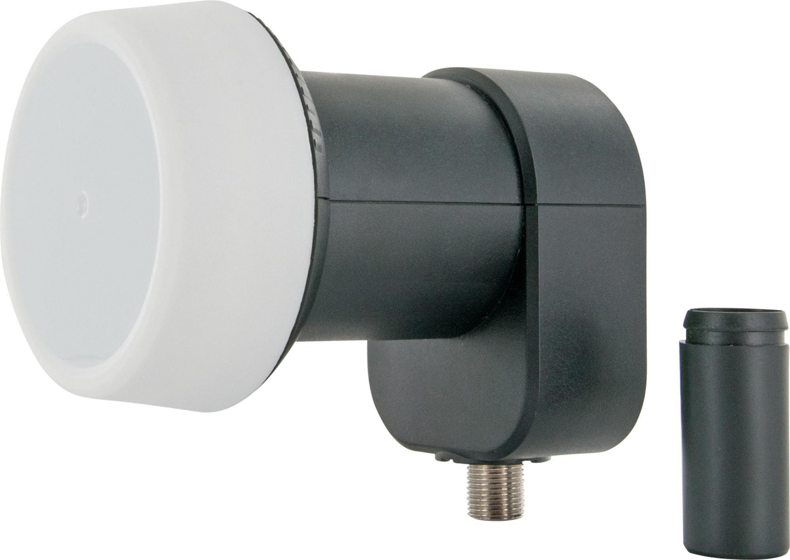 Czarny LNB z białą osłoną, osobna czarna nasadka. Do odbioru sygnałów satelitarnych.