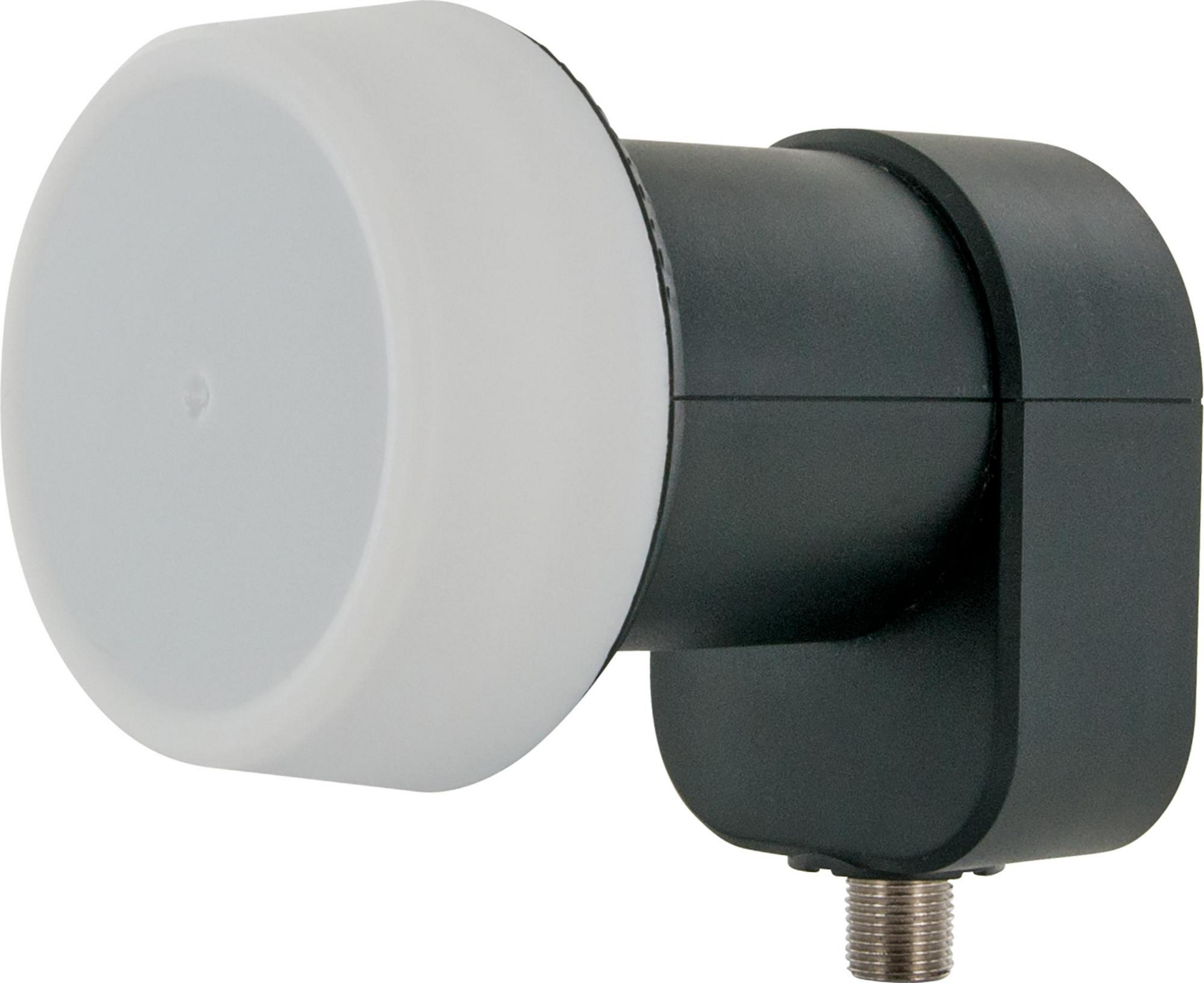 Czarno-biały LNB satelitarny. Ma białą cylindryczną głowicę i czarny korpus ze złączem.