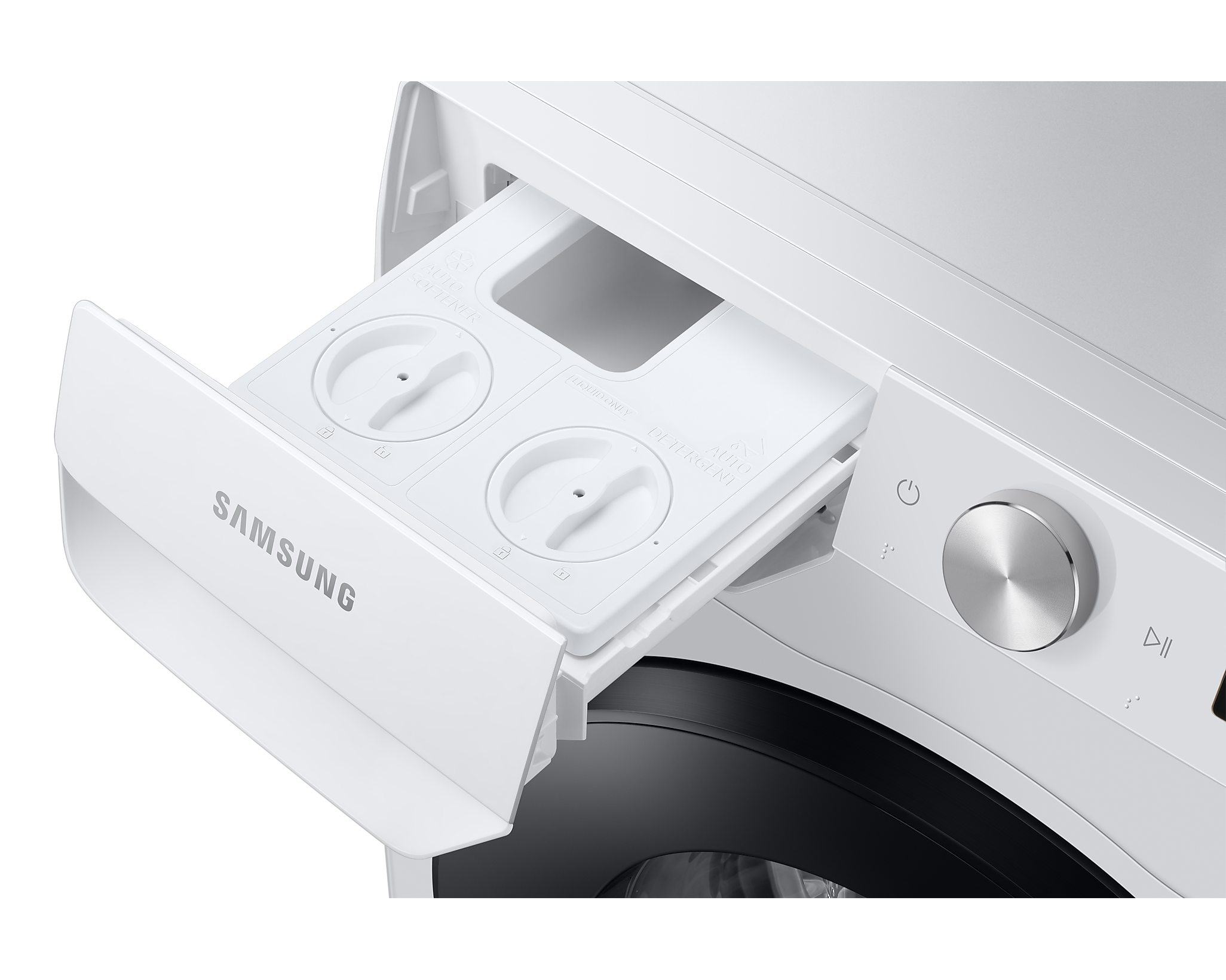 Erogatore di detersivo per lavatrice bianco con il logo Samsung.