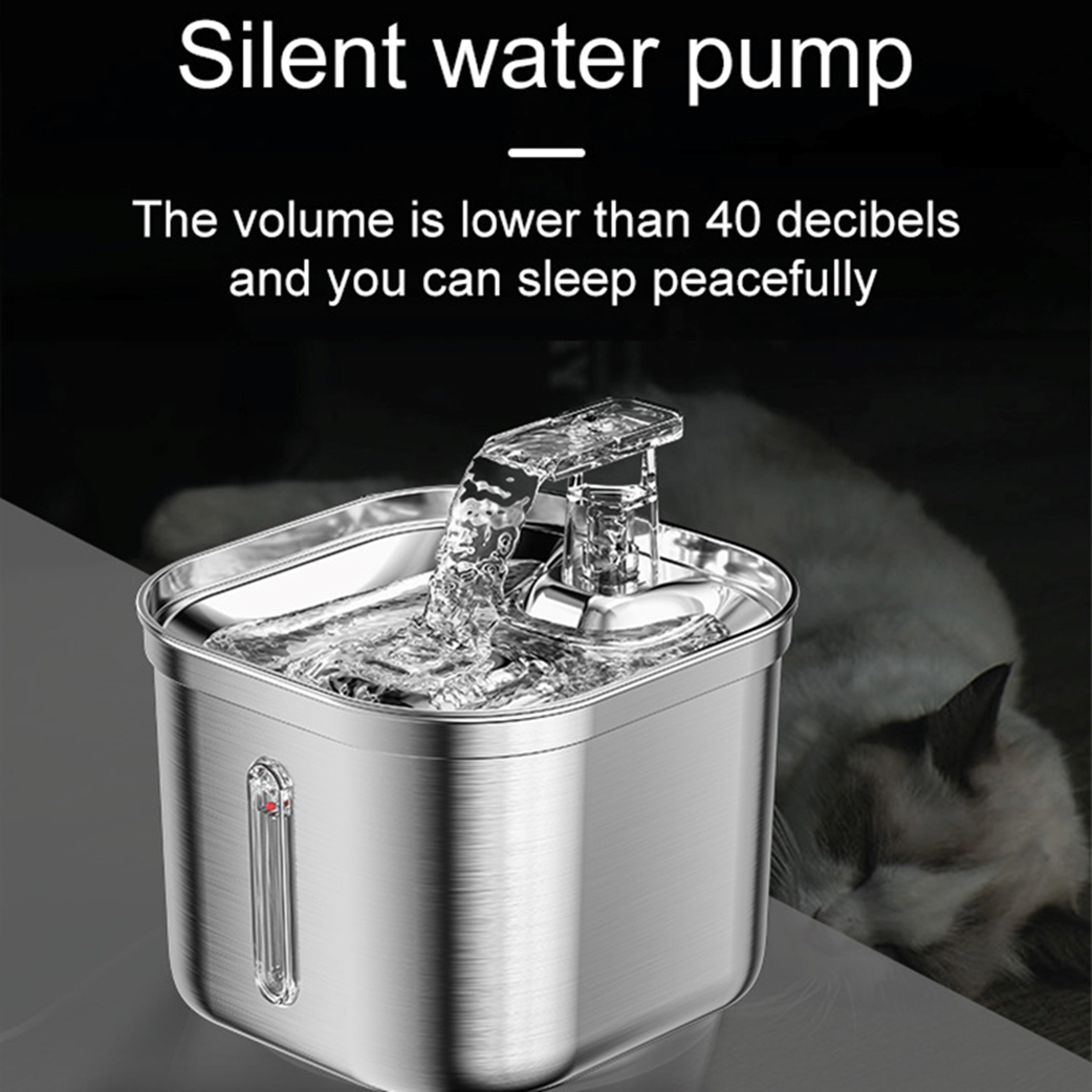 Fontana per acqua argentata per animali domestici con acqua che scorre. Un gatto dorme.