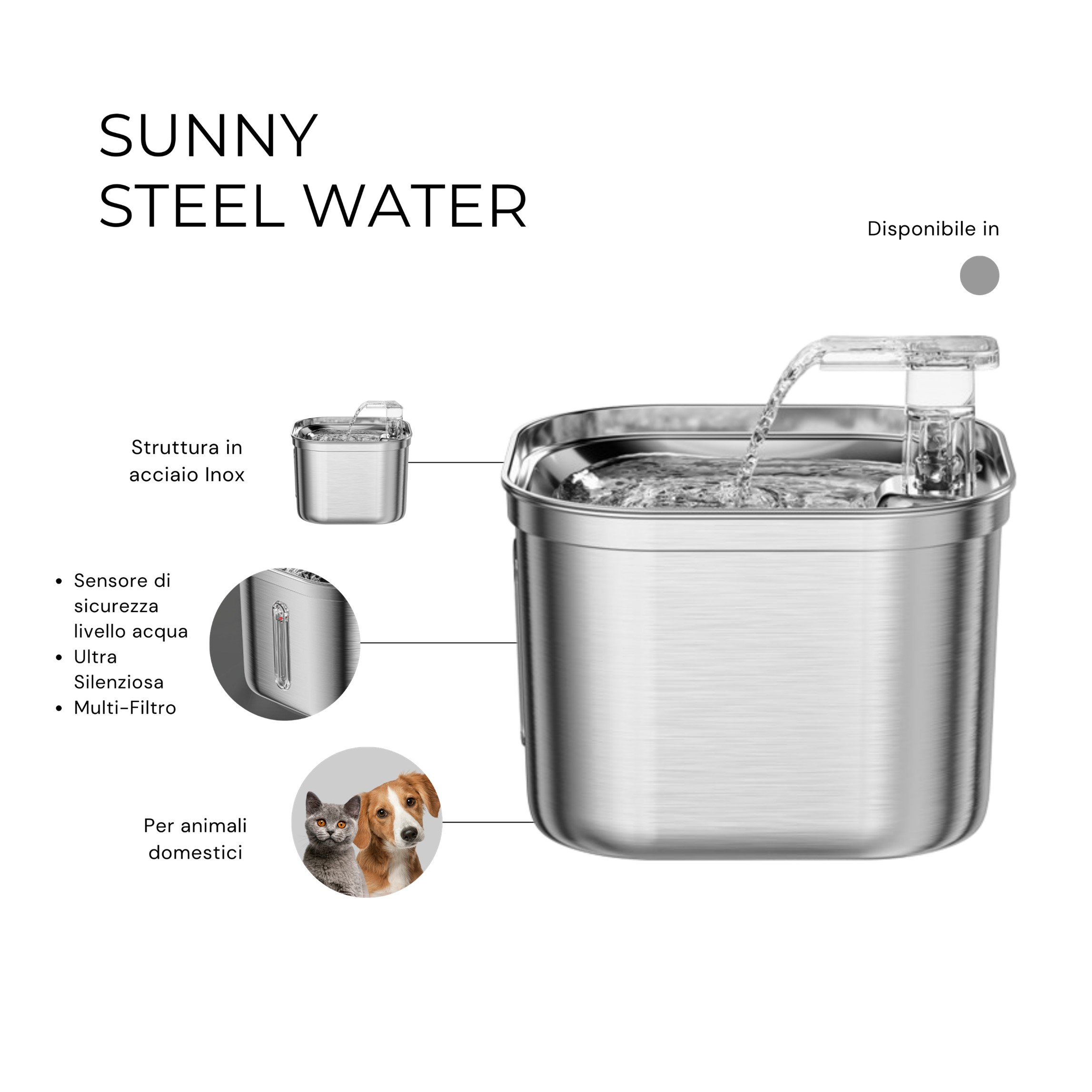 Fontana per acqua per animali domestici in acciaio inossidabile. Include un piccolo inserto dettagliato. Gatto e cane.