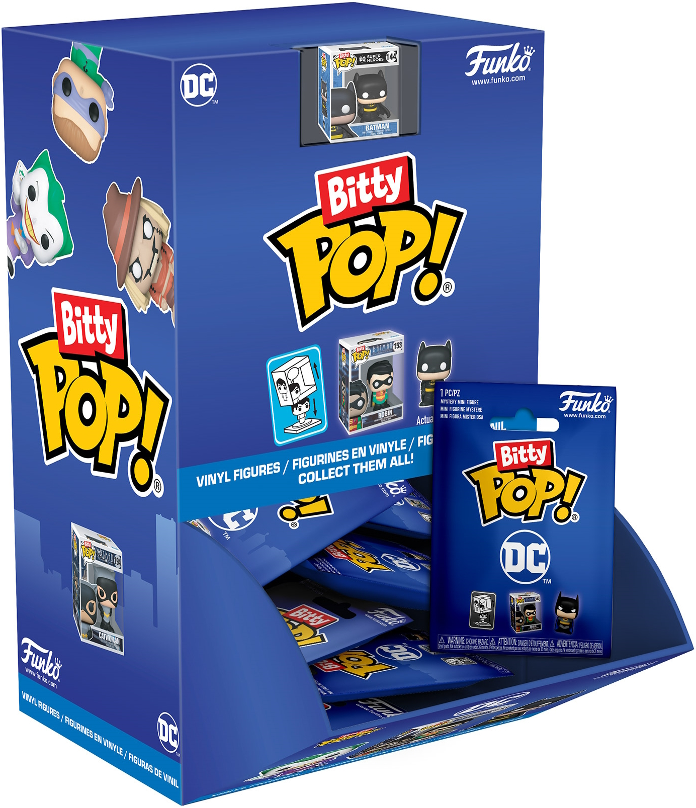 Scatola blu con personaggi Batman Bitty Pop. Diverse piccole figure visibili.