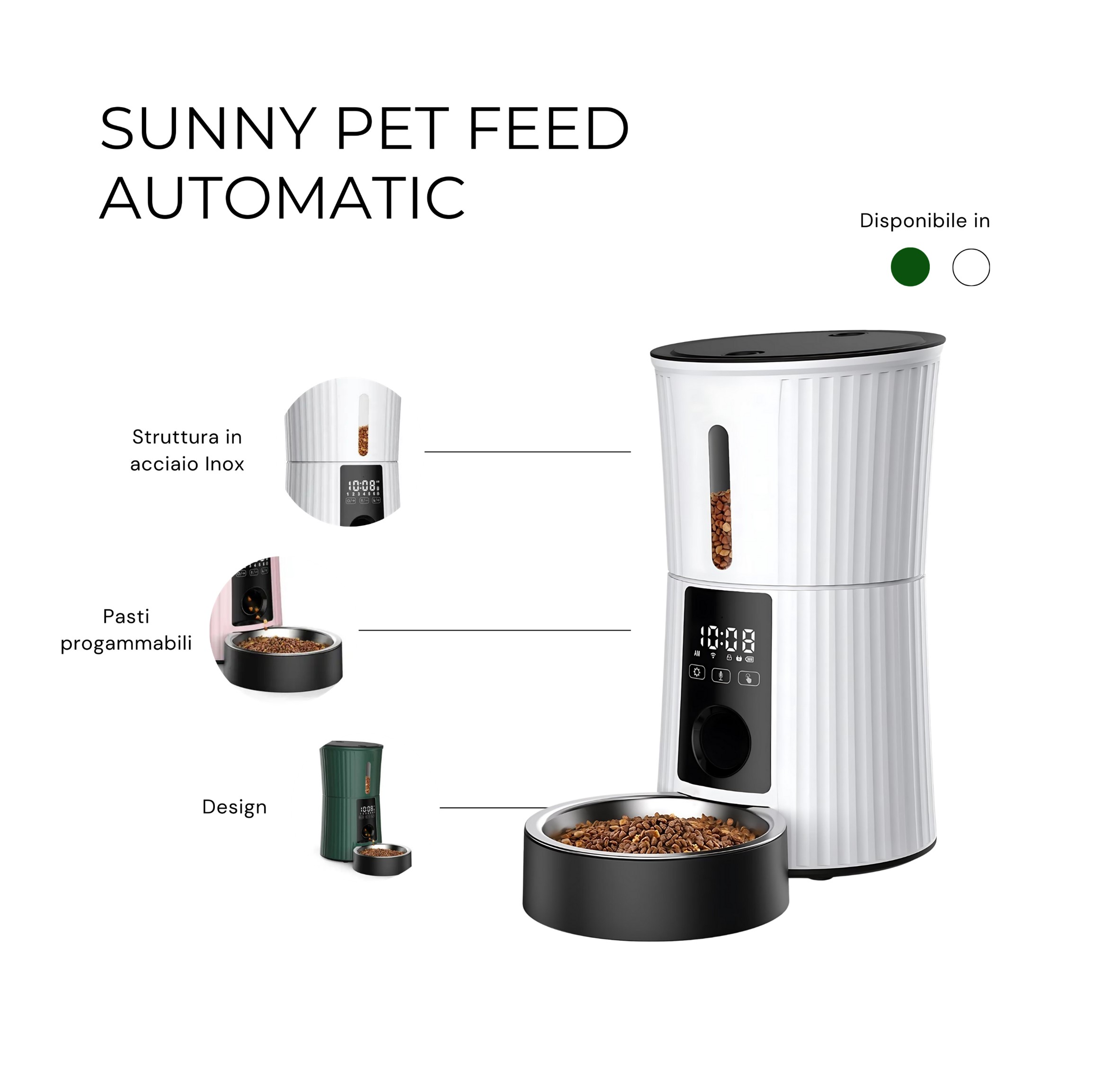 Mangiatoia automatica per animali domestici bianca e nera, con ciotole e display digitale.