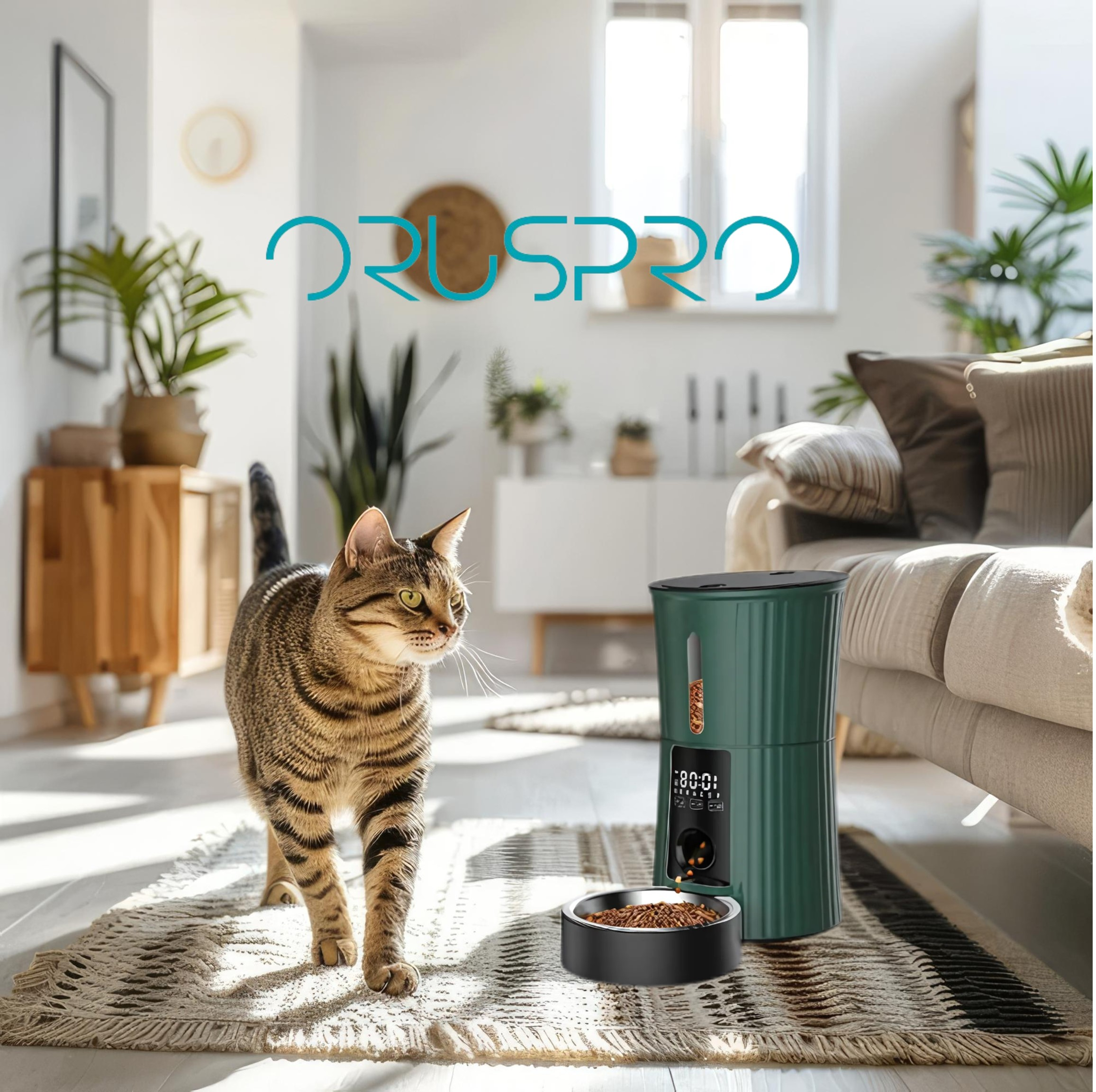 Gatto e mangiatoia automatica per animali domestici. Scena interna. Marchio: ORUSPRO. Mangiatoia verde, ciotola nera.