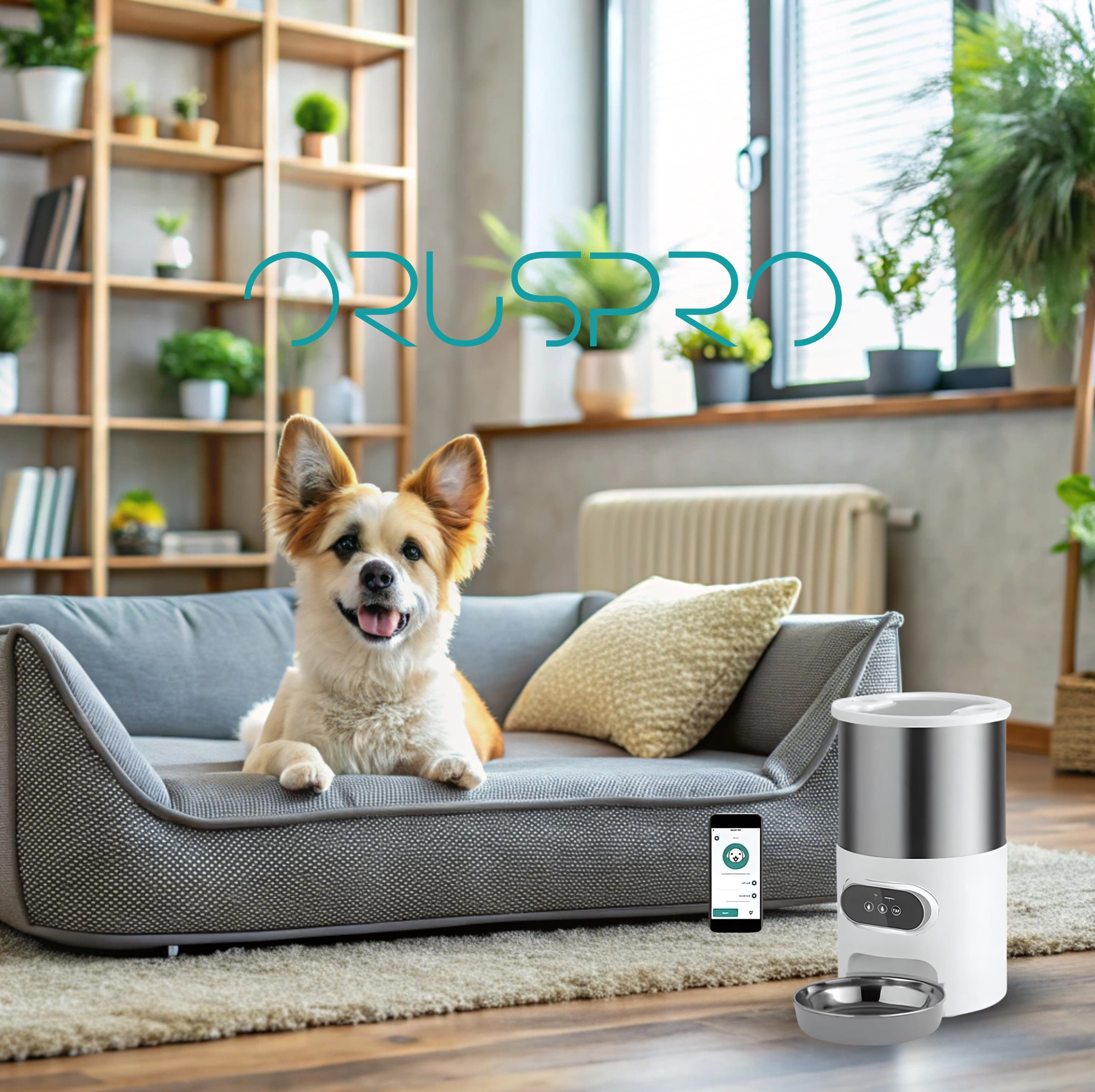 Cane su divano grigio con dispenser di cibo e telefono.