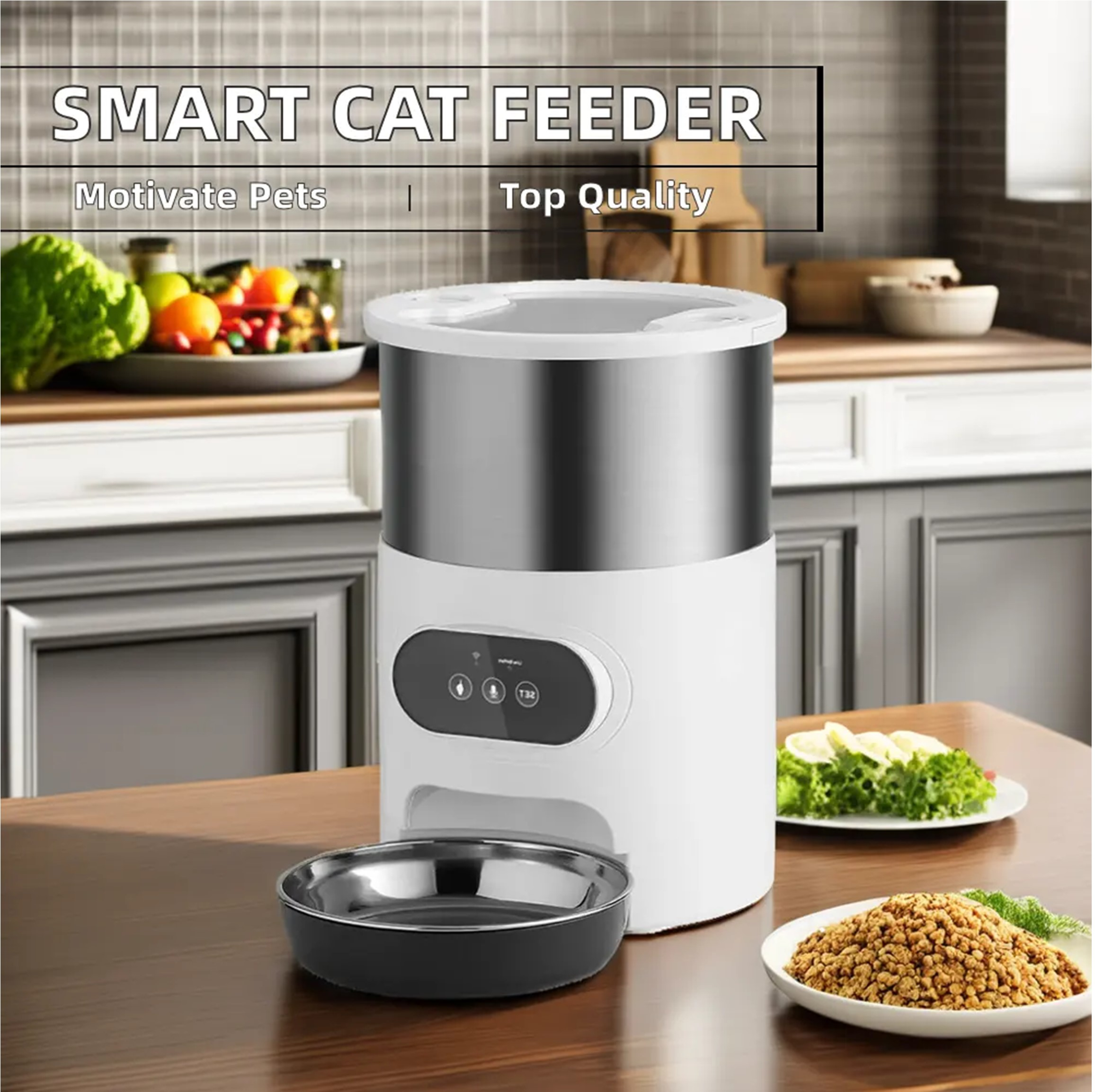 Mangiatoia intelligente per gatti su un bancone, con ciotola e cibo visibili.