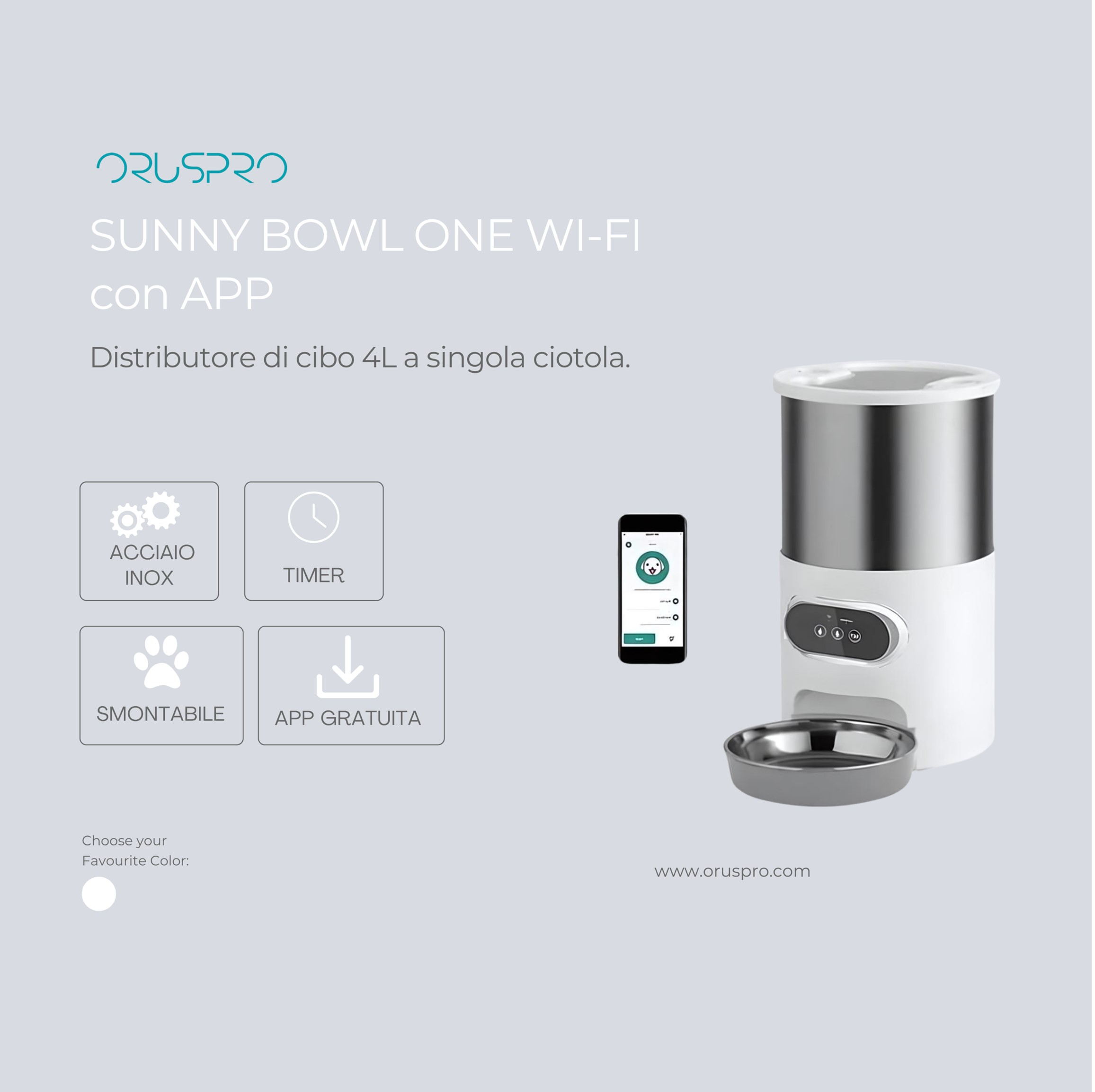 Distributore automatico bianco e argento con icona app e telefono. Il testo recita 'Sunny Bowl One Wi-Fi con APP'.