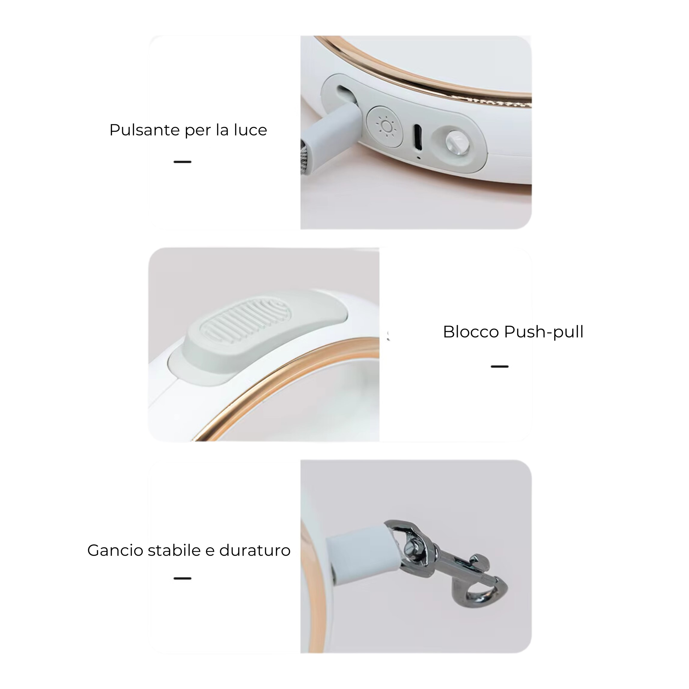 Dettagli di un guinzaglio per cani. Include pulsante luce, chiusura push-pull e gancio stabile.