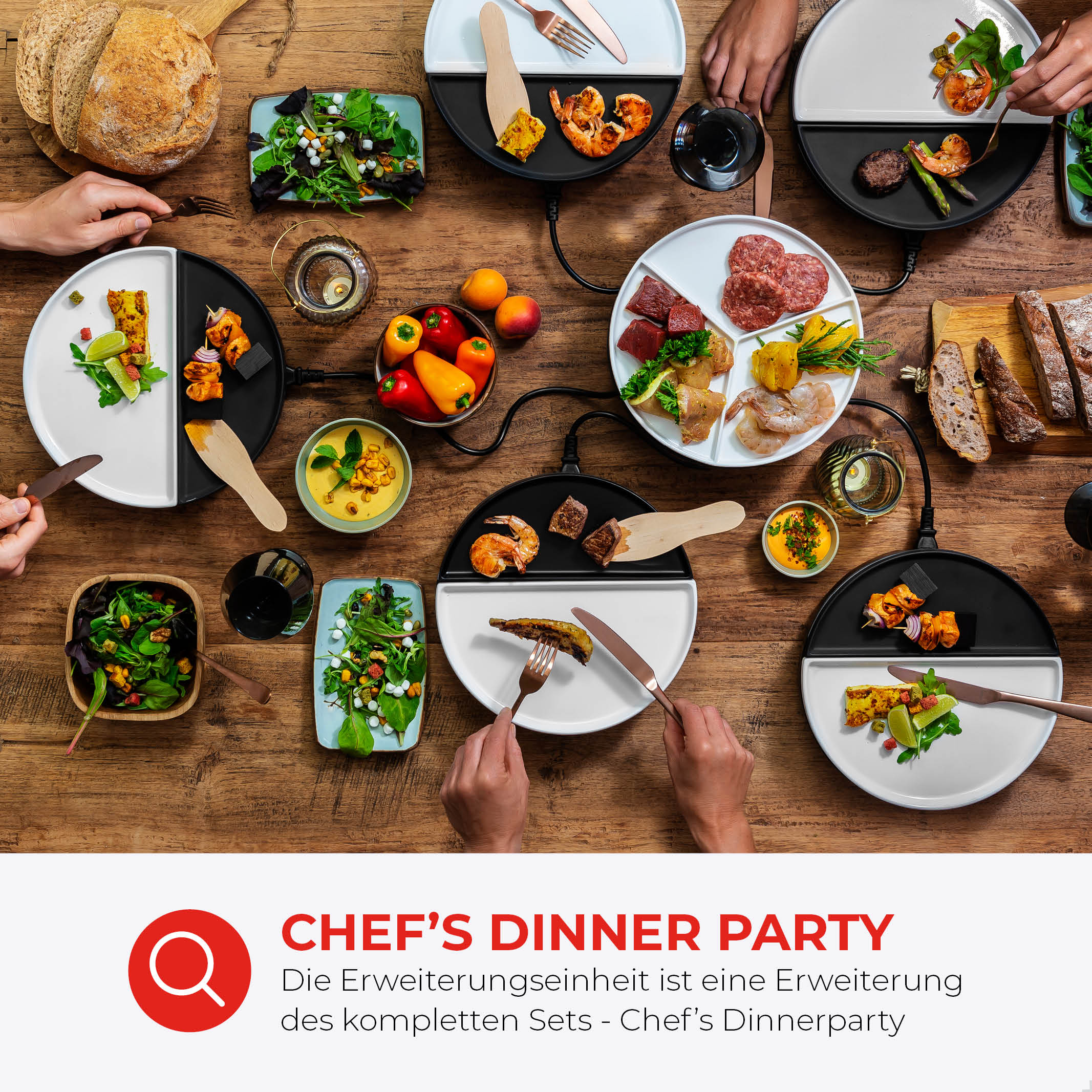 Food and plates arranged for a dinner party. Overhead view with multiple people.