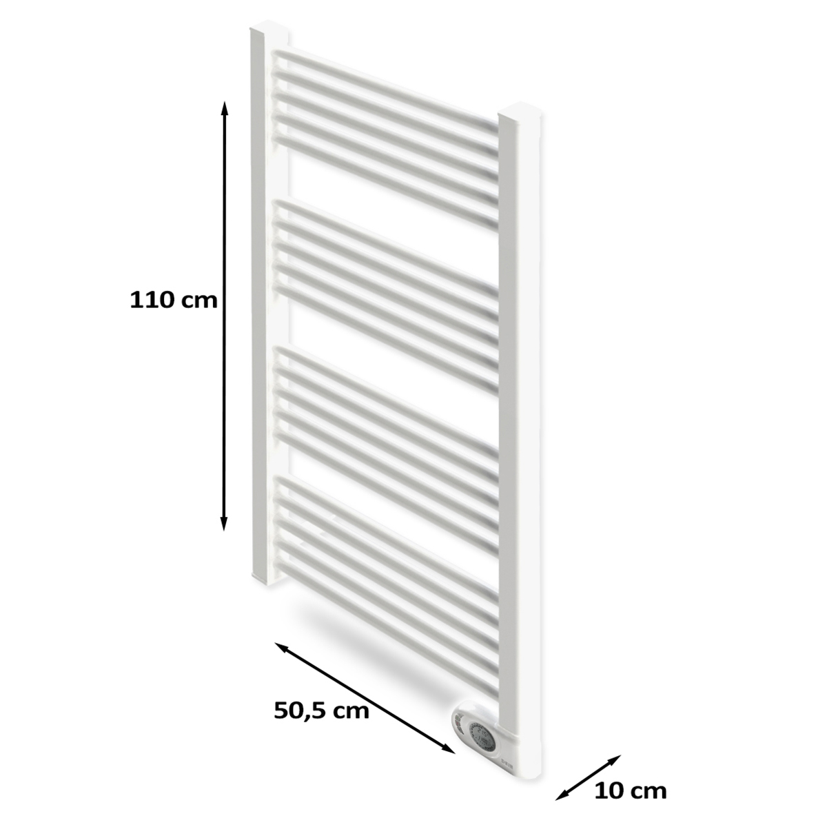 Portasciugamani bianco. È alto 110 cm, largo 50,5 cm e spesso 10 cm. Ha barre orizzontali e un pulsante di accensione.