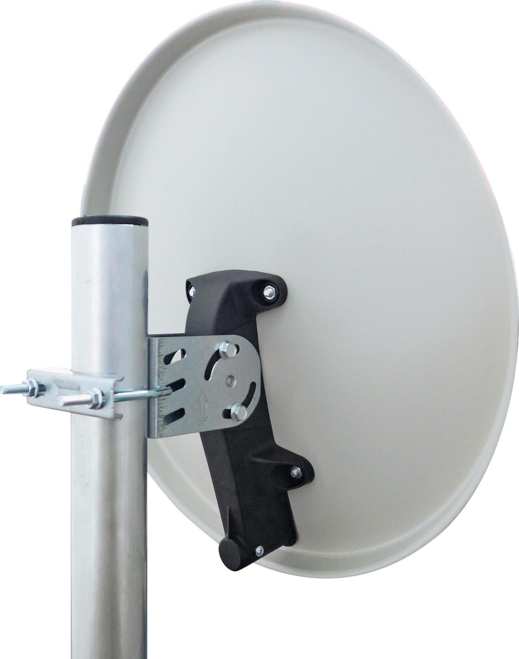 Eine Satellitenschüssel an einer Stange befestigt, mit einer Halterung. Sie ist weiß und silber.