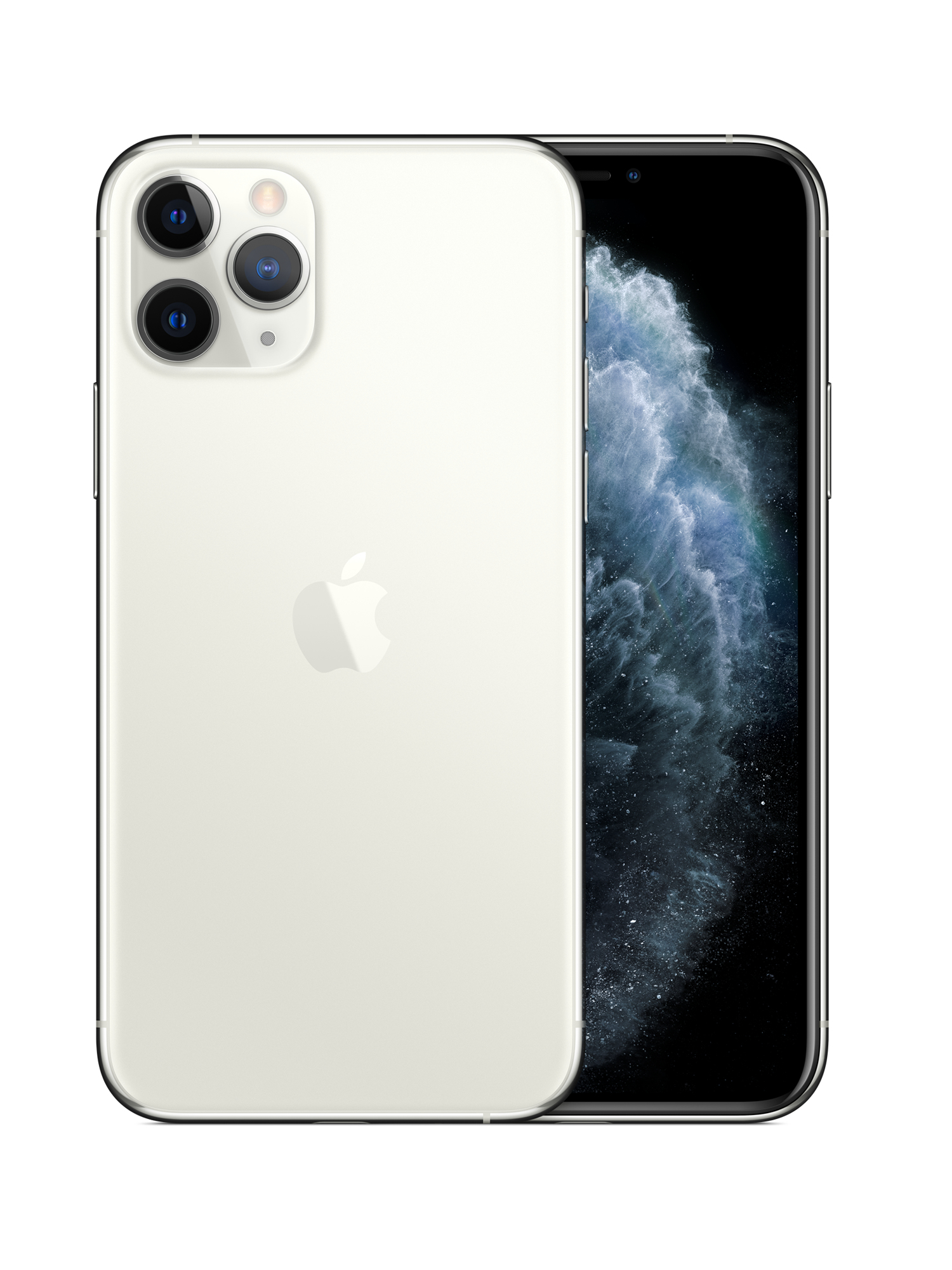 iPhone 11 Pro blanco, vista frontal y trasera, sobre un fondo blanco.