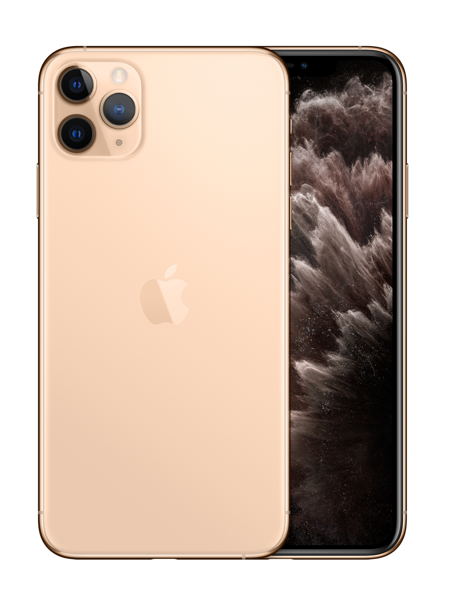 iPhone dorato con tre fotocamere posteriori, che mostra retro e schermo.
