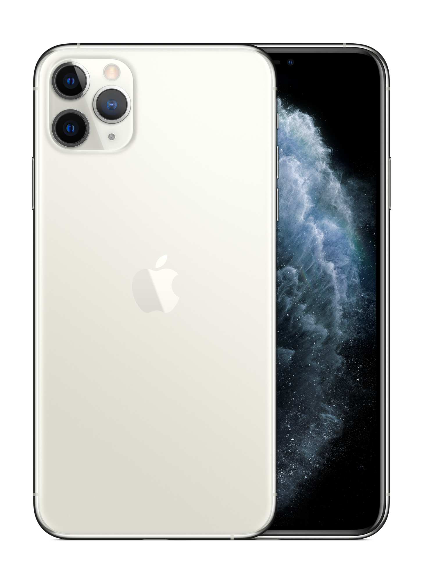 Biały iPhone 11 Pro, trzy kamery, logo Apple. Czarny ekran.