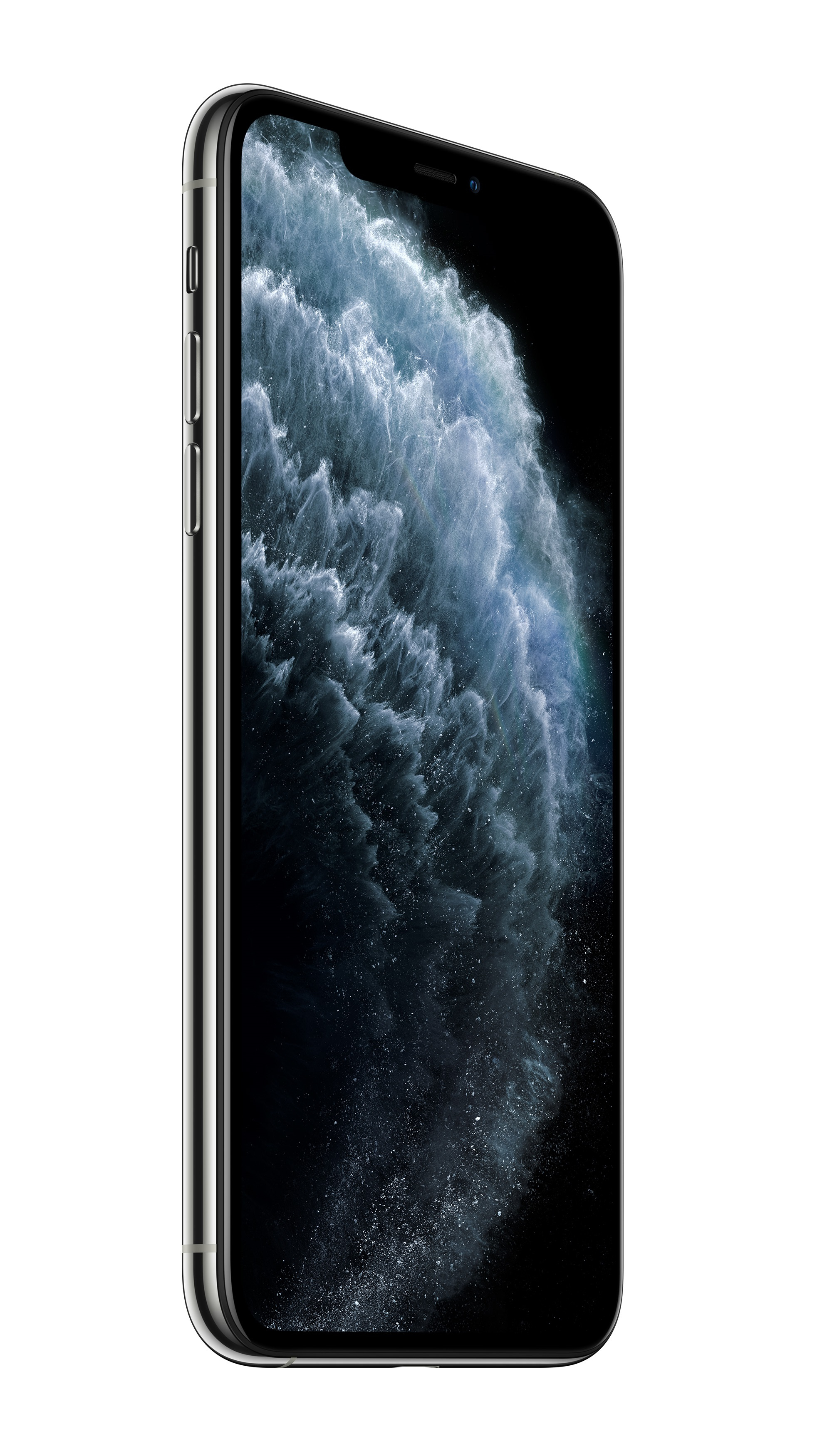 Srebrny smartfon pokazany z boku, ekran wyświetla abstrakcyjny obraz.