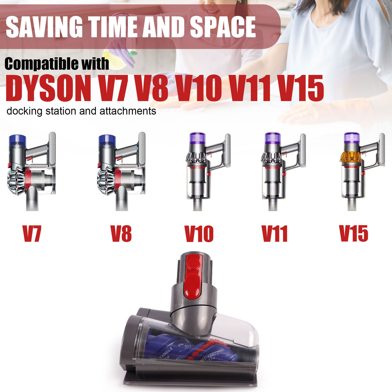 Akcesoria do odkurzacza i stacja dokująca, tekst z modelami Dyson.