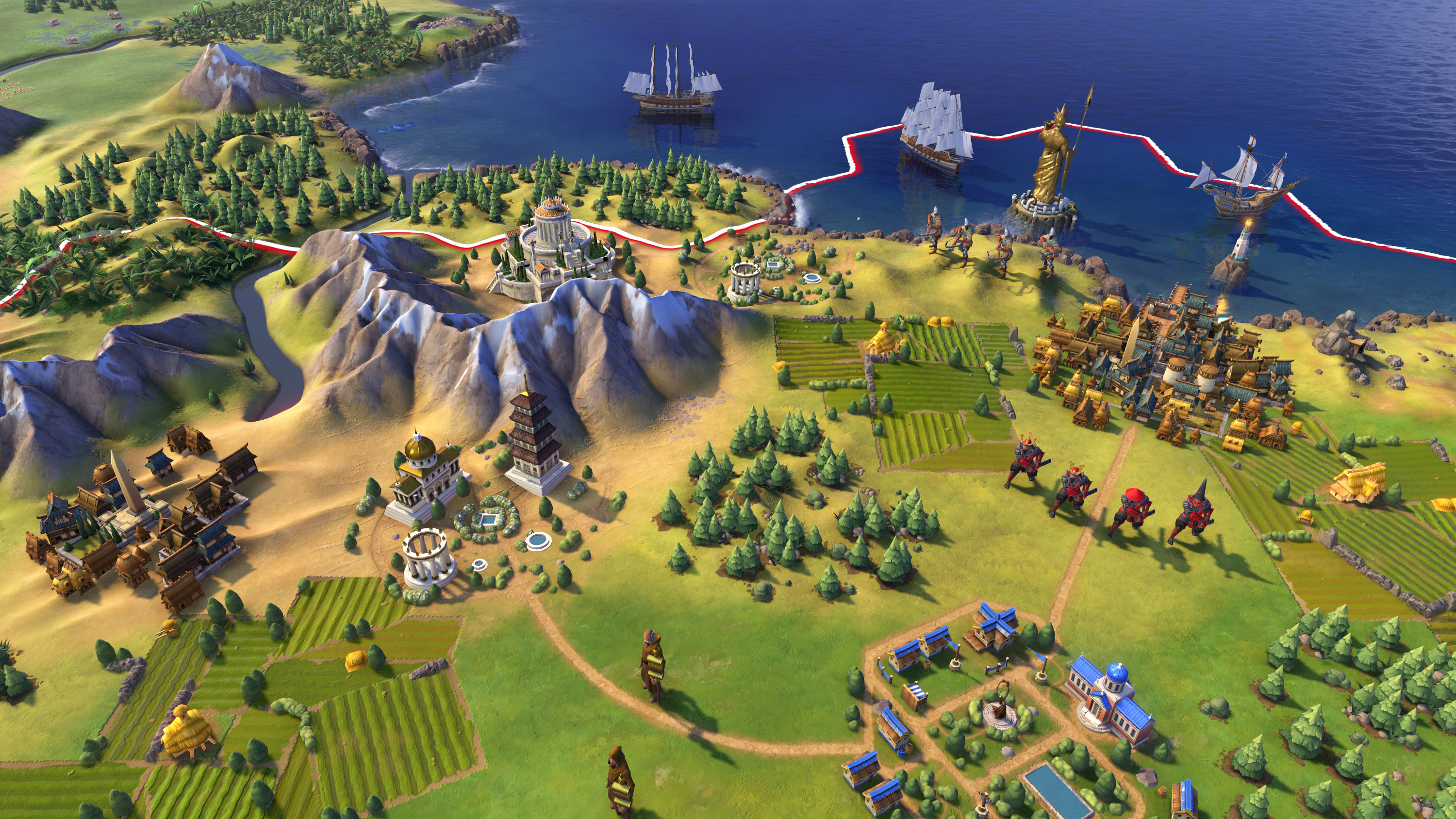 Draufsicht auf ein Civilization VI-Spiel, mit Bergen, Gebäuden und Wasser.