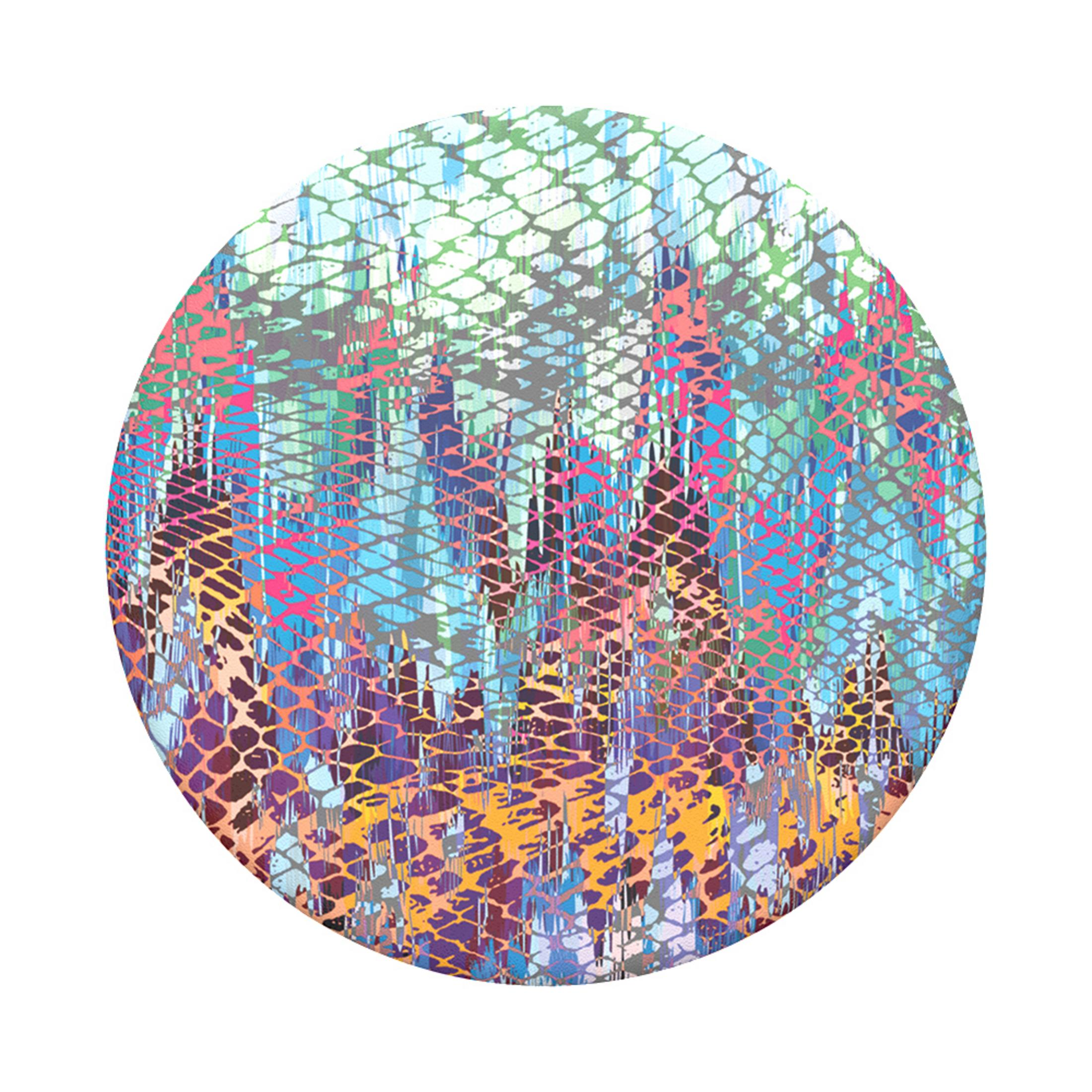 Una obra de arte abstracta redonda y colorida sobre blanco. Tiene una apariencia detallada y texturizada con varios colores.