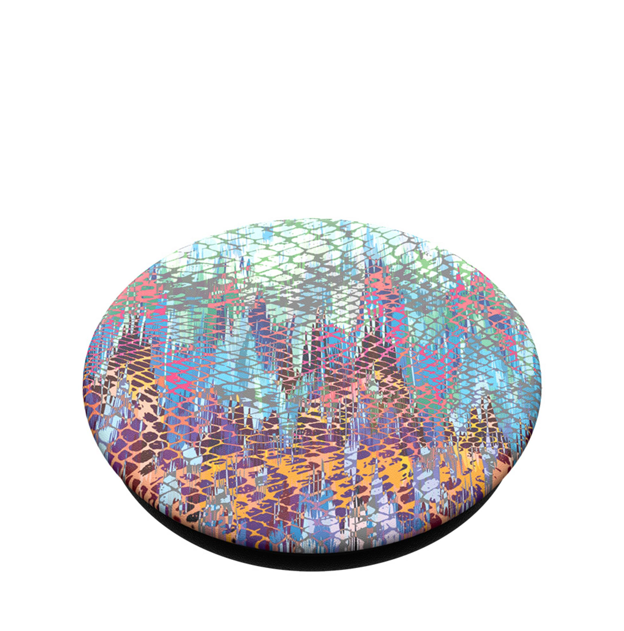 Un agarre circular para teléfono con un diseño abstracto y colorido de un paisaje urbano.