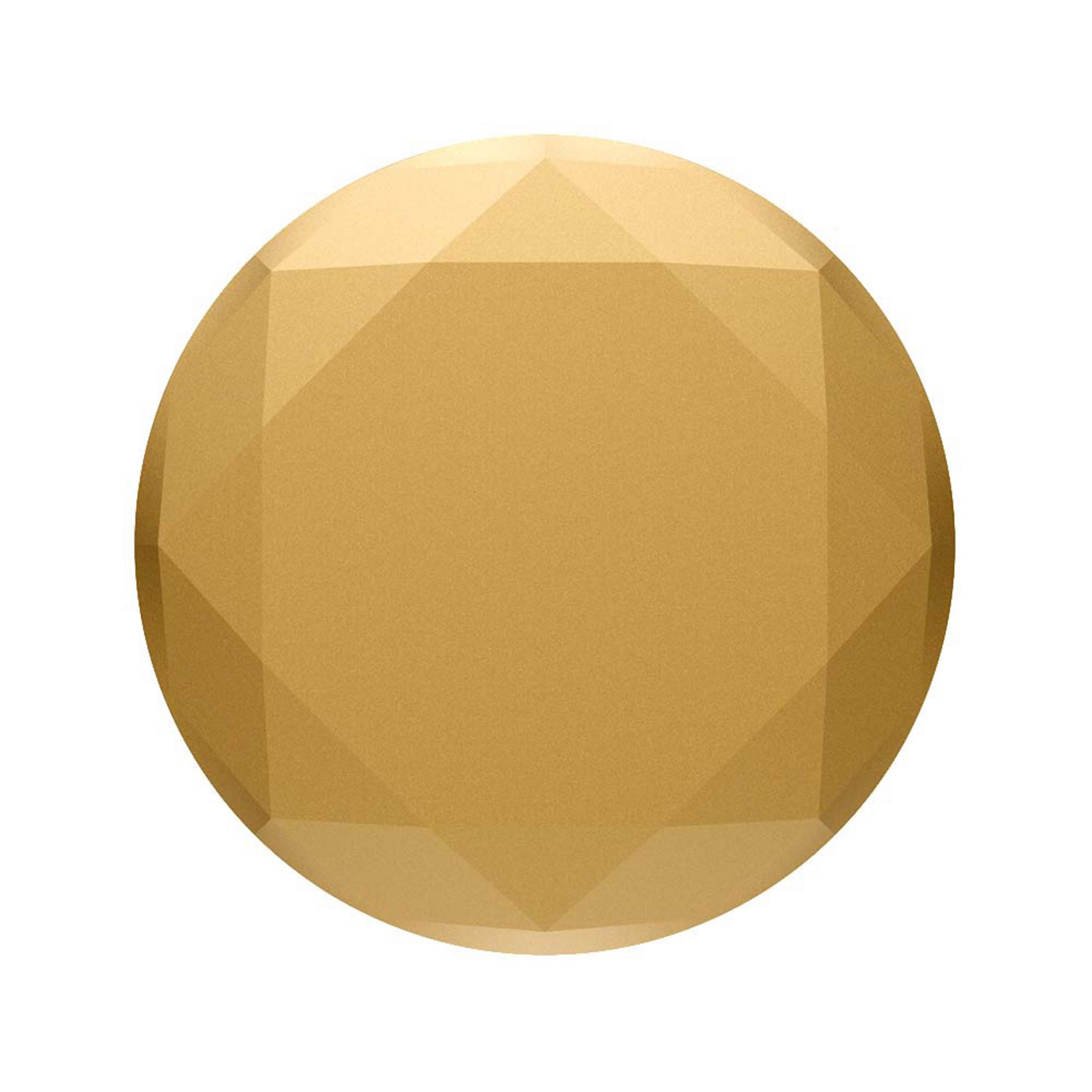 Ein goldfarbenes, facettiertes, kreisförmiges Objekt vor weißem Hintergrund. Es ist eine Nahaufnahme.