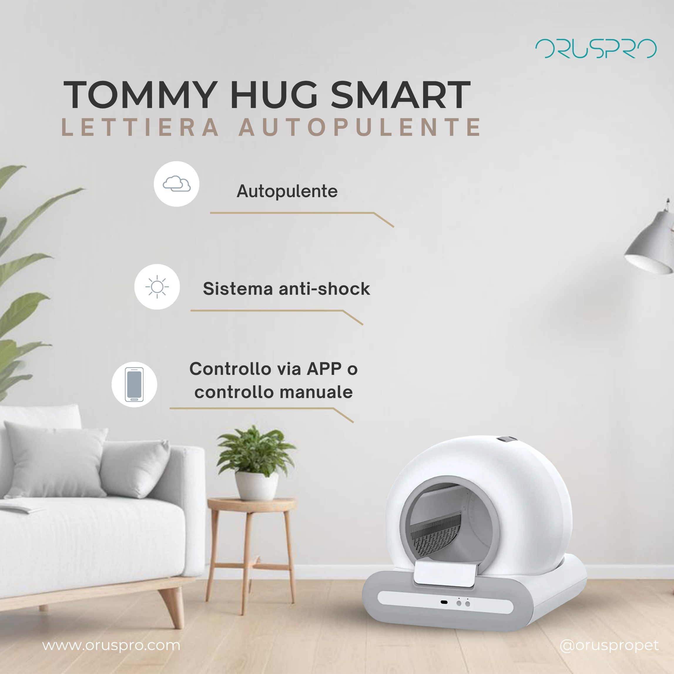 Un'infografica per una lettiera autopulente per animali domestici, con icone e testo, in un ambiente domestico.